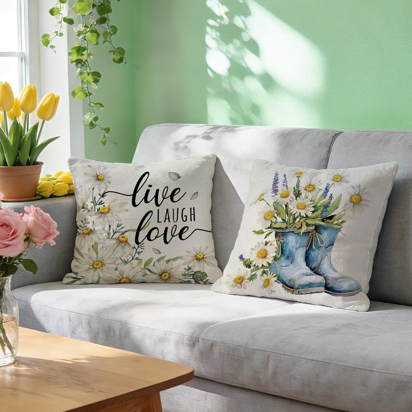 Spring Summer Daisy Flower Decorative Throw Pillow Covers | 18 x 18 Set of 4, Home Sweet Home Floral Wreath Watering Can Boots Porch Home Decor, Live Laugh Love Farmhouse Sofa Couch BST202