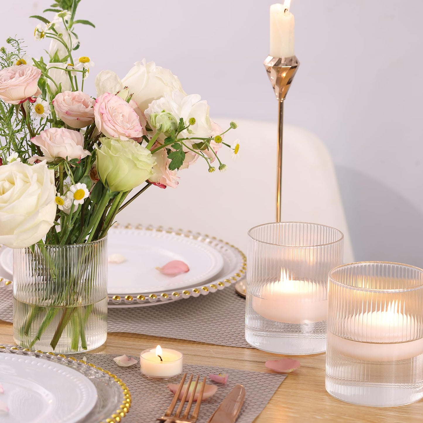 Glass Ribbed Cylinder Vases, 8 Inch Tall, Clear, Pack of 3 | Flower Vases in Bulk, Hurricane Floating Candle Vases, For Party Home Decor BST326H