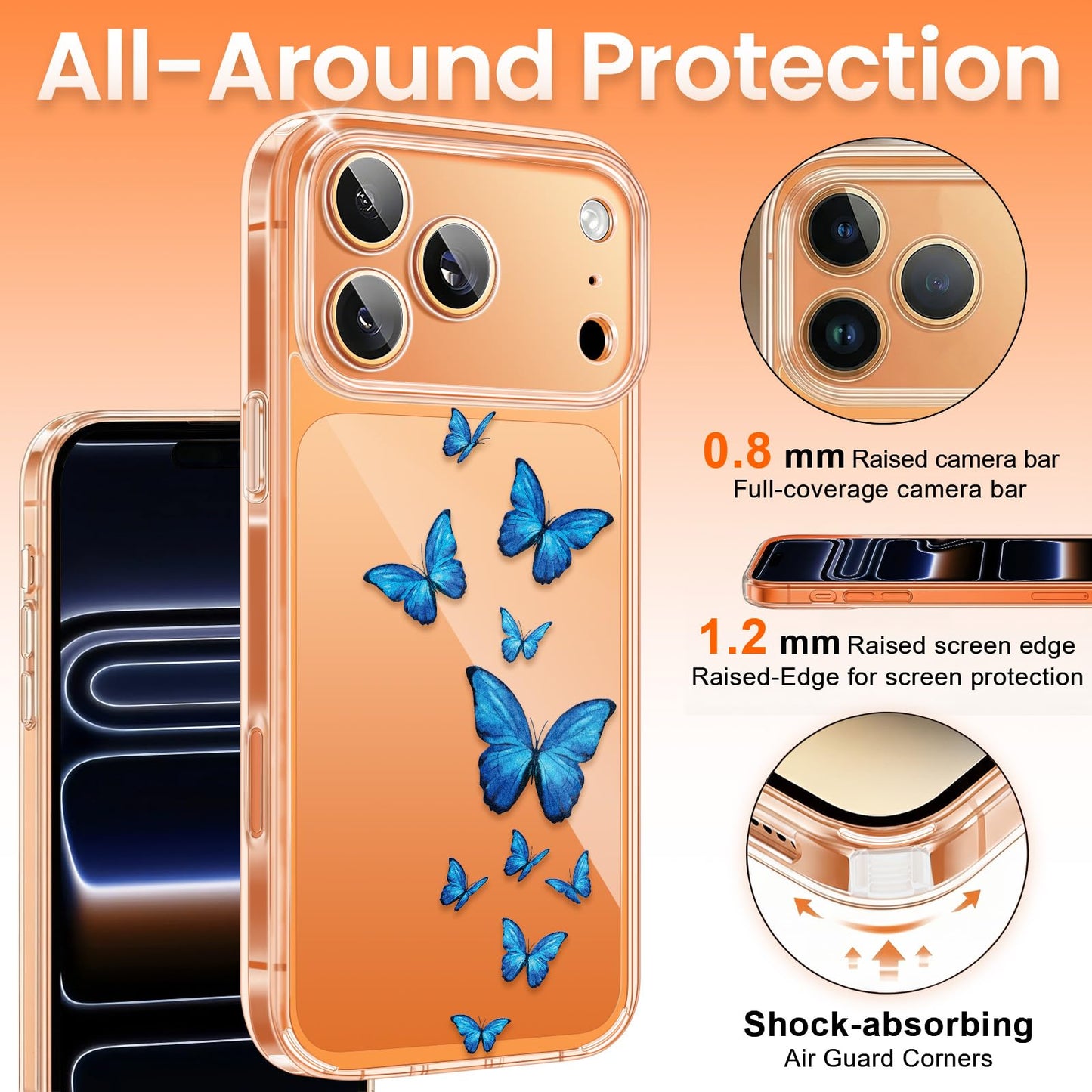 Cute Girly Crystal Clear Case Compatible with iPhone 16 Pro, Camera Control & Shockproof Protection Floral Case for Women, Blue Butterflies WN420