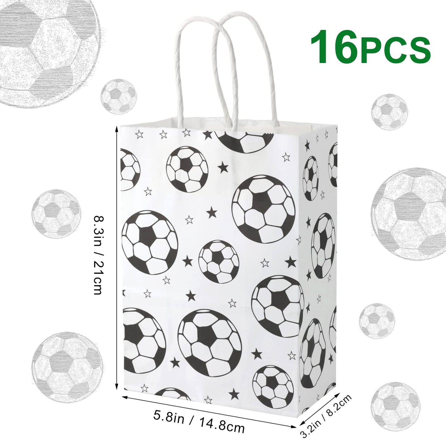 16pcs Soccer Party Favor Paper Bags - Green Football Gift Bags with Handles for Kids & Adults Team Soccer Party Goodie Snacks Treat Supplies WN420