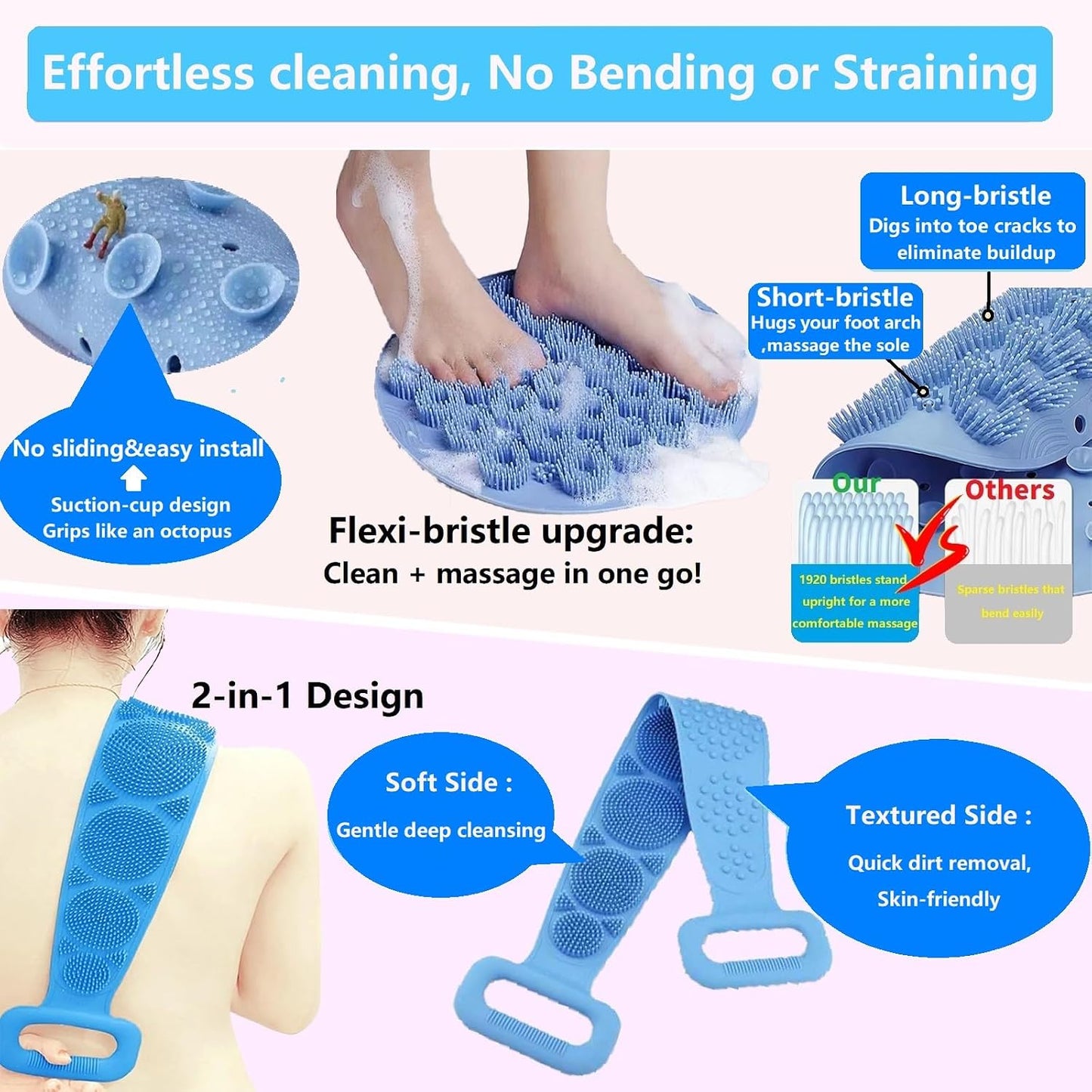 Foot Scrubber&Back Scrubber for Shower Set.Detachable Exfoliating Back Scrubber with Handle+Suction Cup Anti-Slip Foot Scrub Mat Wall Mount for Hygienic Storage&Deep-Cleaning for Men&Women(Pink) BST202