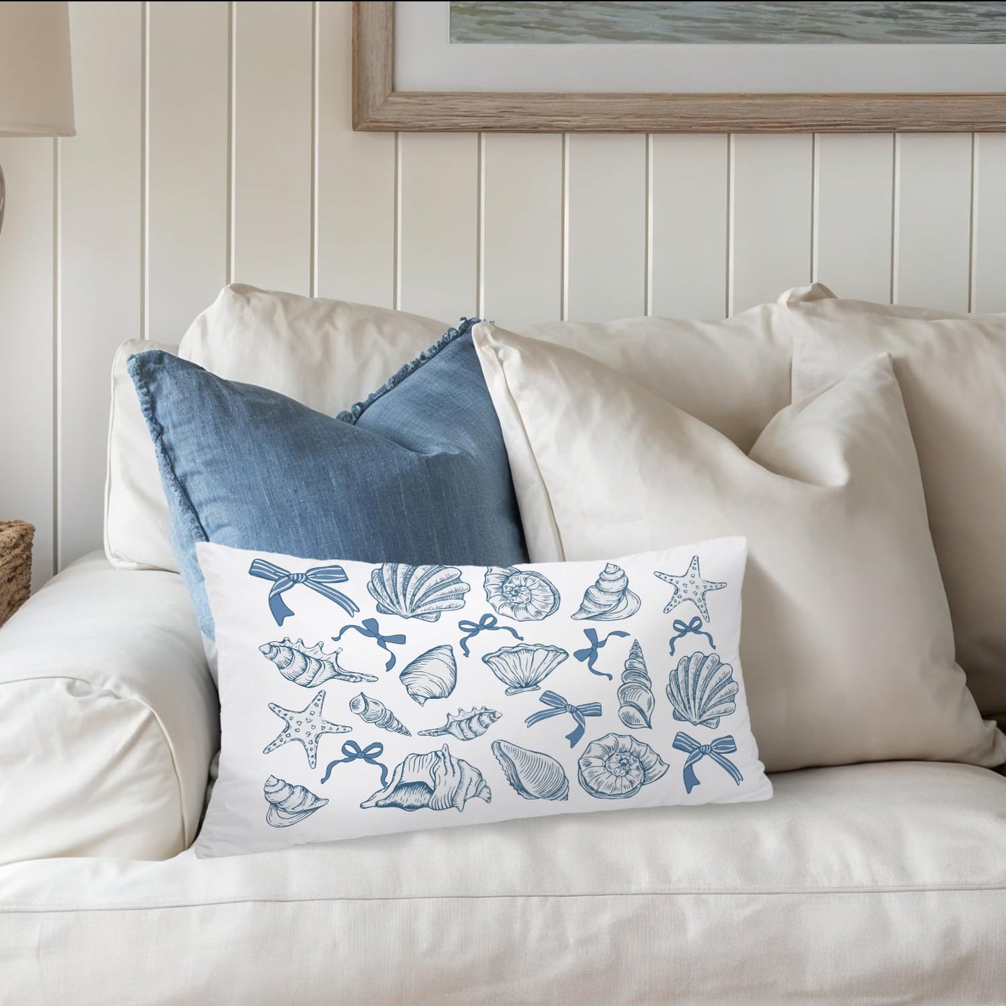 Coastal Beach Girly Room Decor 12x20 Pillow Cover, Preppy Beach Navy Blue Bikini Striped Decorative Lumbar Pillow Covers for Girls Bedroom College Dorm Sofa Couch BST326L
