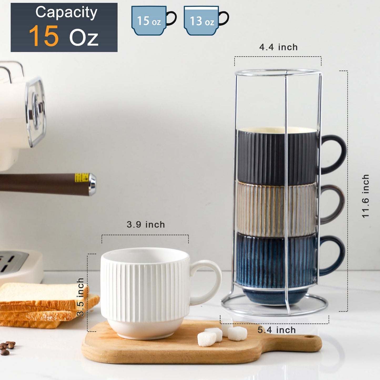 HASENSE 15 oz Ribbed Stackable Coffee Mug Set of 4, Porcelain Latte Cups with Metal Rack, Dishwasher & Microwave Safe, Cappuccino Tea Hot Cocoa, White BST220
