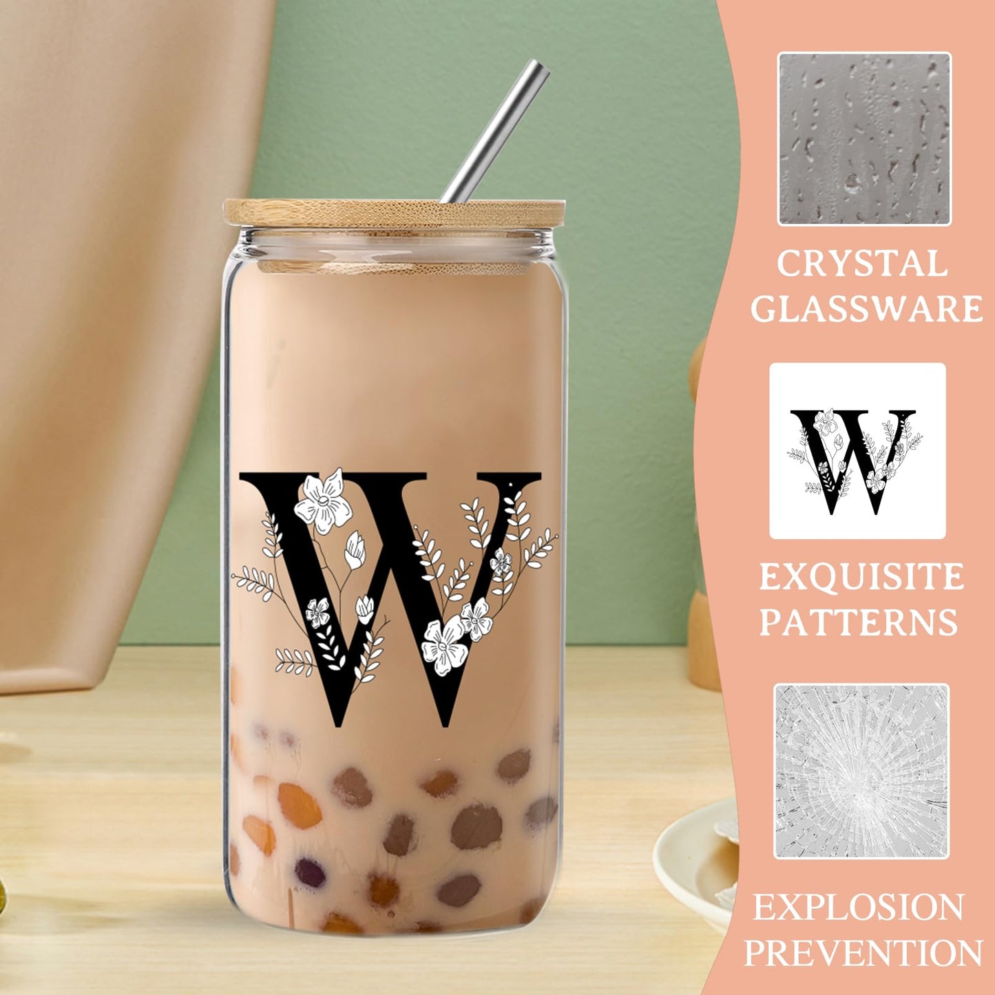 Monogrammed Initial Glass Cup with Lids and Straws gift for Women | Personalized Gift Set with Doll, 16 Oz Ice Coffee Cup ,reusable glass tumbler,Birthday Christmas Gift for Her,U WN420