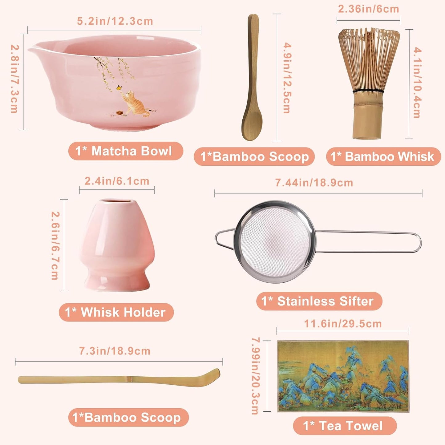 Matcha Whisk Set, 7PCS Matcha Set Includes Ceramic Matcha Set Includes Matcha Bowl, Matcha Whisk and Holder, Bamboo Scoop, Scoop Rest, Sifter and Tea Towel, Gift Bag (Pink) WN420