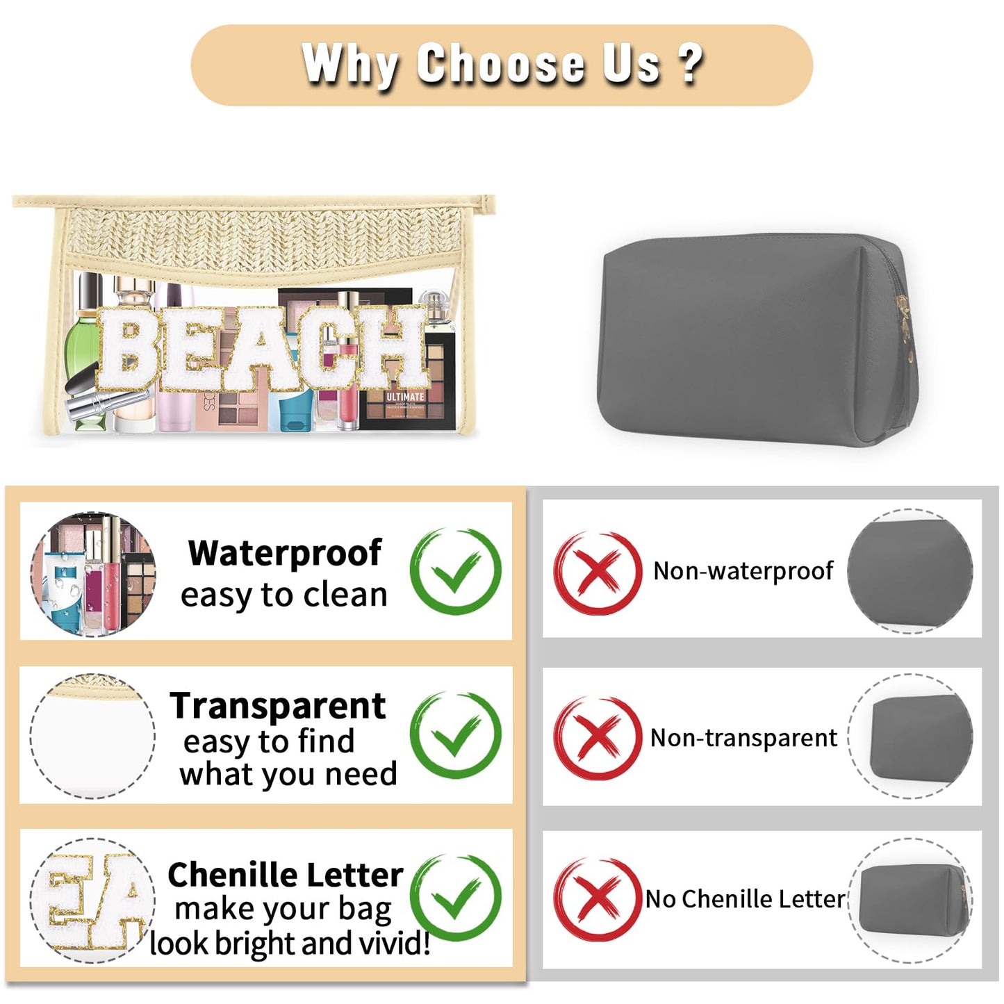 Boho Clear Makeup Bag Cosmetic Zipper Pouch Purse, Clear Toiletry Bags Travel Small Preppy Cute DIY Chenille Letter Bag, Transparent PVC Waterproof Clutch Make Up Organizer Storage Bag for Women Girls BST220
