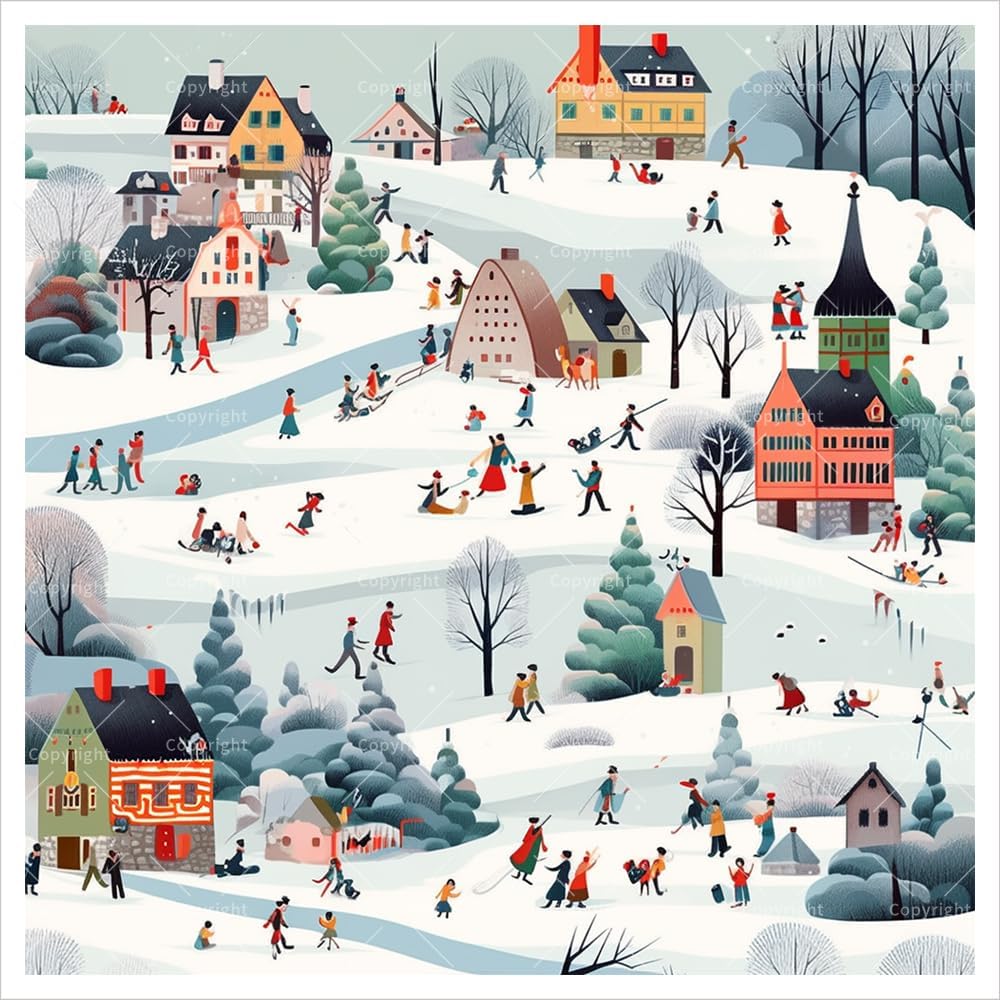 Winter Village Digital Painting Kit for Adults - DIY Holiday Snow Scene with Houses and People Oil Painting on Canvas 7.87x7.87in,Framed Acrylic Paint Kit,Good for Beginners,Festive Home Decor BST326H