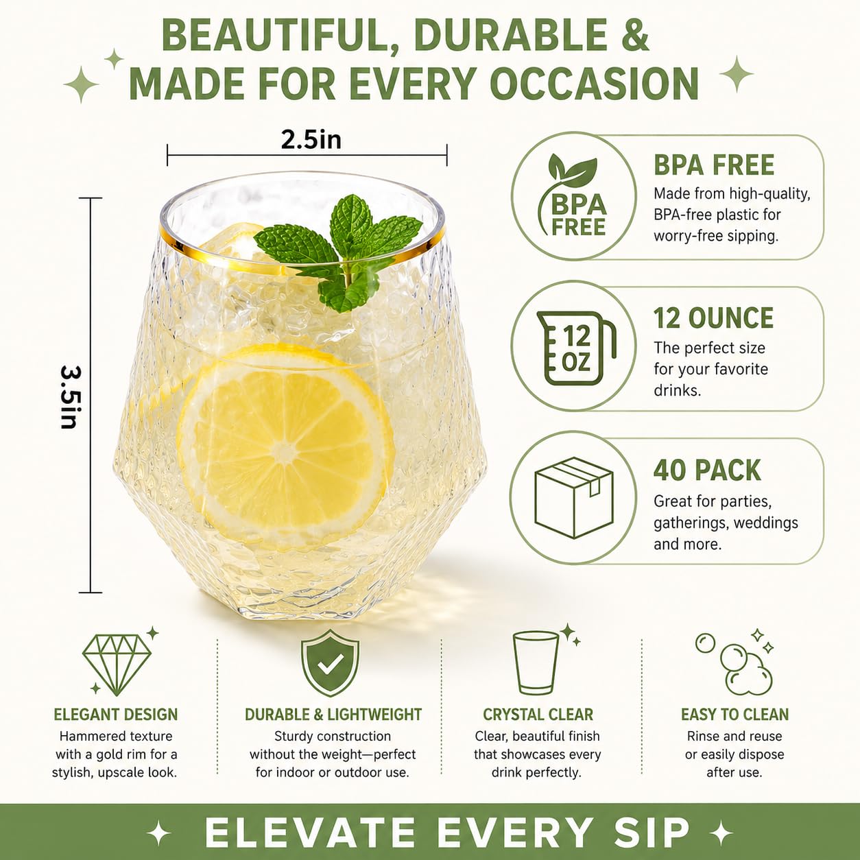 Oojami 40 Pack Diamond Disposable Plastic Wine Glasses 12oz for Parties | Stemless Wine Cups, Champagne Cocktail Whiskey - Shatterproof Unbreakable Reusable Recyclable BPA-Free, Weddings Birthday BST220