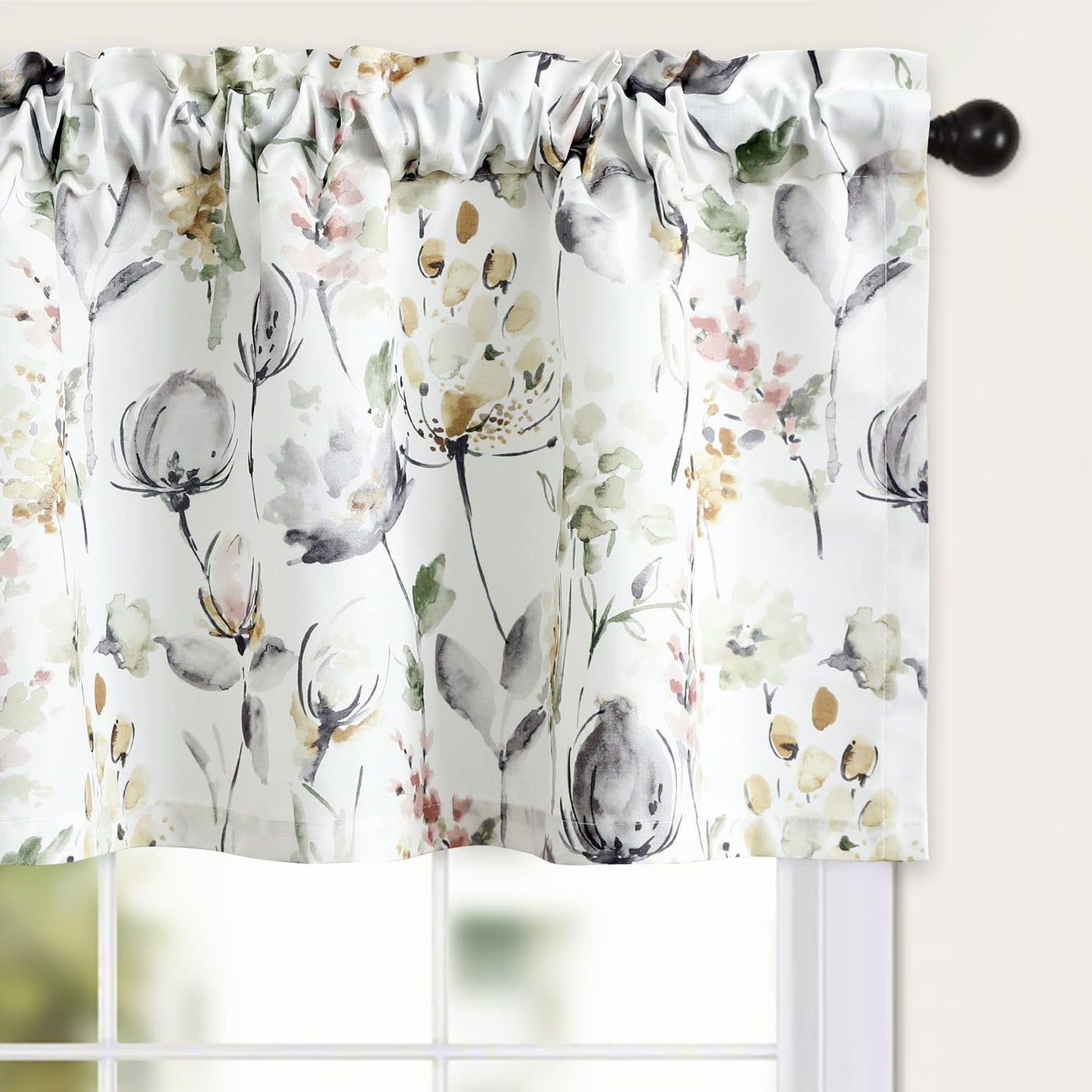 Leeva Farmhouse Kitchen Valances for Windows, Watercolor Blossoming Floral Print Curtains, Soft Faux Linen Curtain Toppers and Valances for Bedroom, 60 x 14 Inch, Brown & Grey, 1 Panel BST220