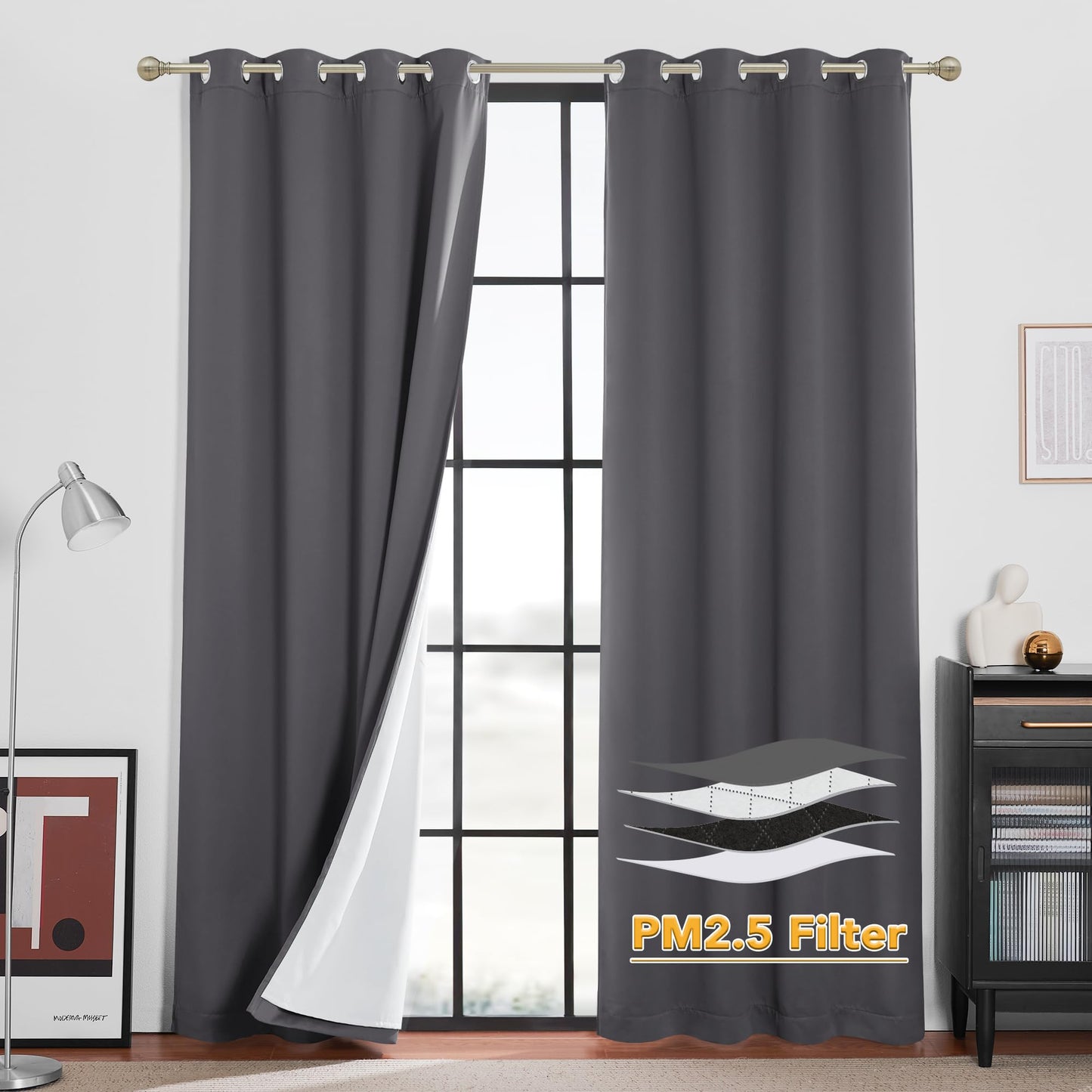 RYB HOME 4-in-1 Dust Filtering Soundproof Blackout Insulating Privacy Window Curtains for Nursery Bedroom Living Room Rivider Sound Absorption Sheet, Black, W52 x L90 inch, 2 Panels BST220