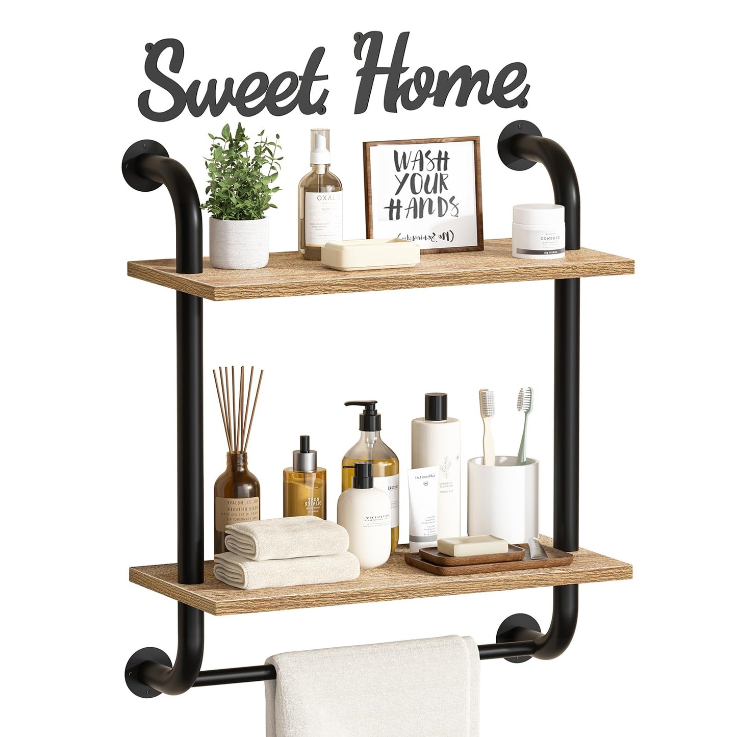 Tinpin Bathroom Shelves Wall Mounted, Rustic Farmhouse Pipe Shelves, Walls Shelf 3-Tier, Industrial Pipe Shelving, Floating Shelf Wall Decor for Bathroom, Kitchen, Bedroom, Living Room 17.3in Black DD1210