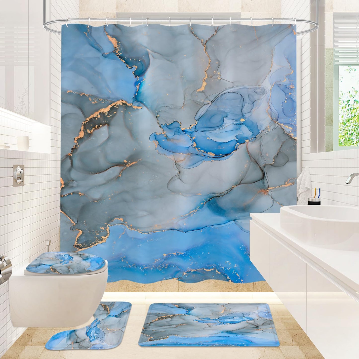 Gibelle 4 Pcs Bathroom Shower Curtain Set with Non-Slip Rugs, Toilet Lid Cover and Bath Mat, Grey Blue Marble Bathroom Decor Set with Shower Curtain and Rugs and Accessories BST326H