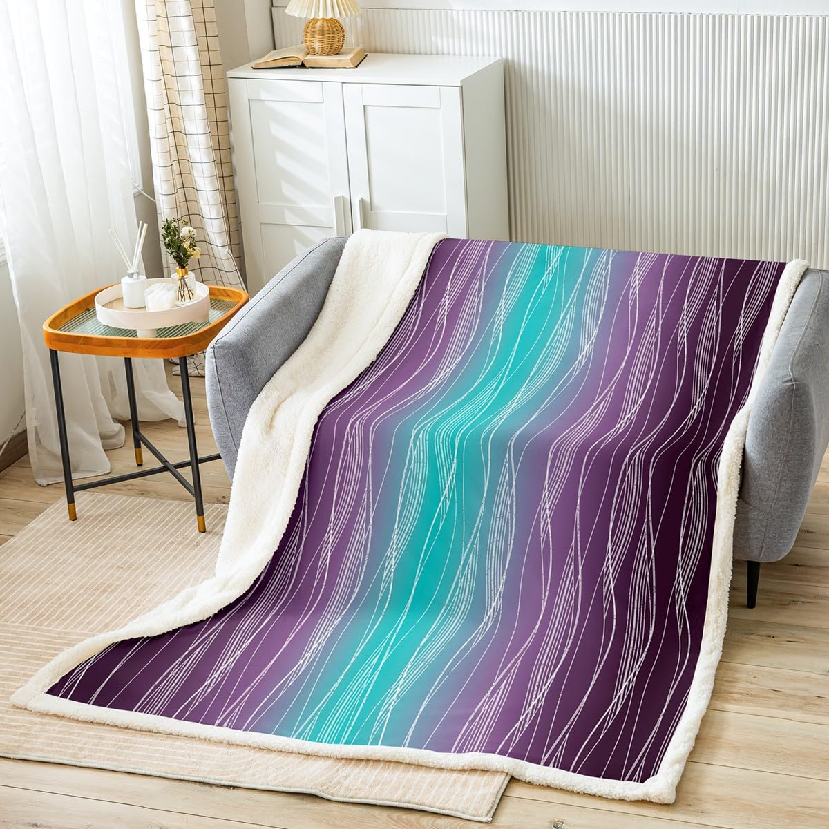 Erosebridal Boys Blue Red Throw Blanket 40"X50" Abstract Ombre Kids Fleece Bed Blanket Geometric Striped Sherpa Blanket Silver White Wavy Line Warm Fuzzy Blanket Soft Lightweight Bedroom Decor BST326H