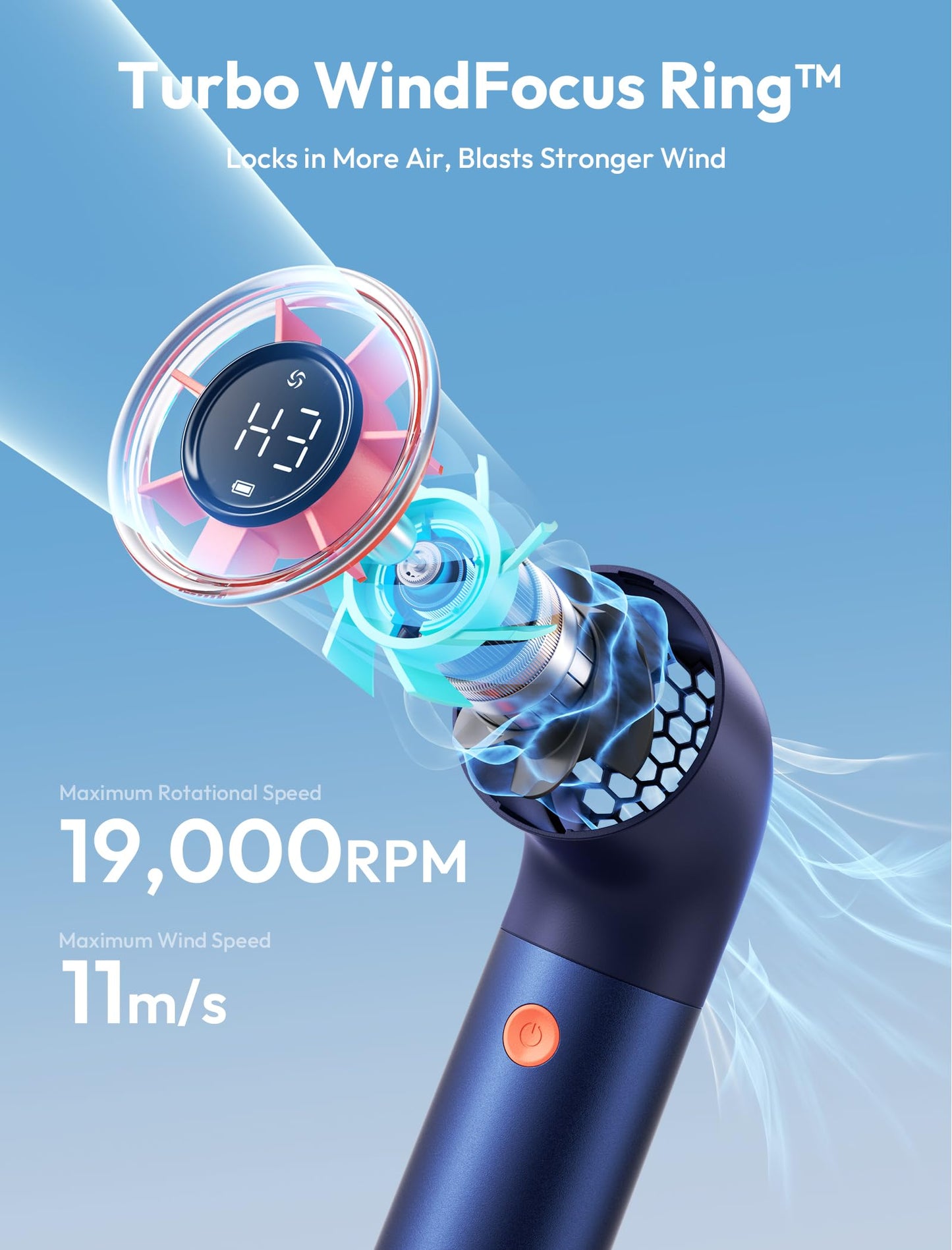 Aecooly Portable Handheld Fan, Powerful Turbo Air Tube Fan, 19000 RPM High Speed Aero Pro, 15H Max Cooling Time, 6 Speeds Aluminum Case, Mini Pocket Design, for Travel Beach Outdoor Activities -Blue WN420