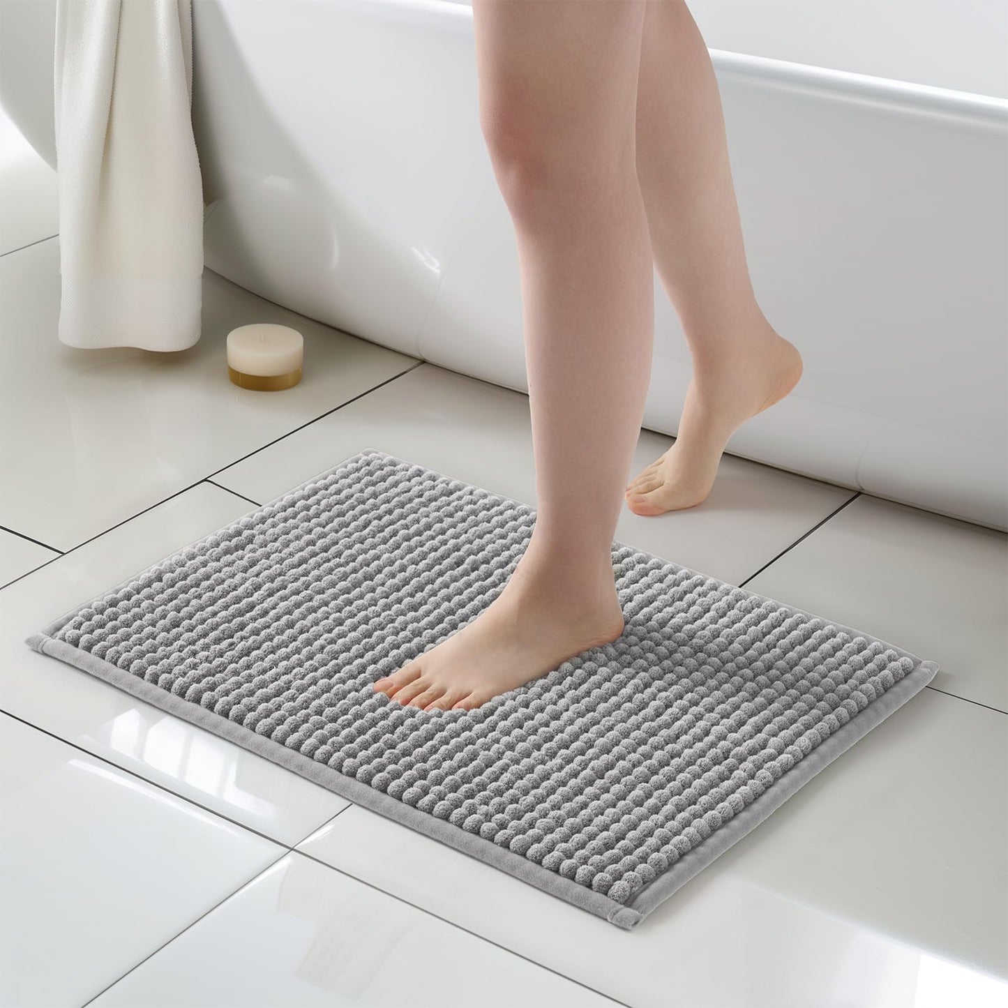 FRESHMINT Thick Chunky Chenille Bathroom Rug, Black, 20"x32" | Non-Slip Backing, Water Absorbent Surface, Machine Washable Care, Cushioned Comfort, Bathroom Floor Use BST220