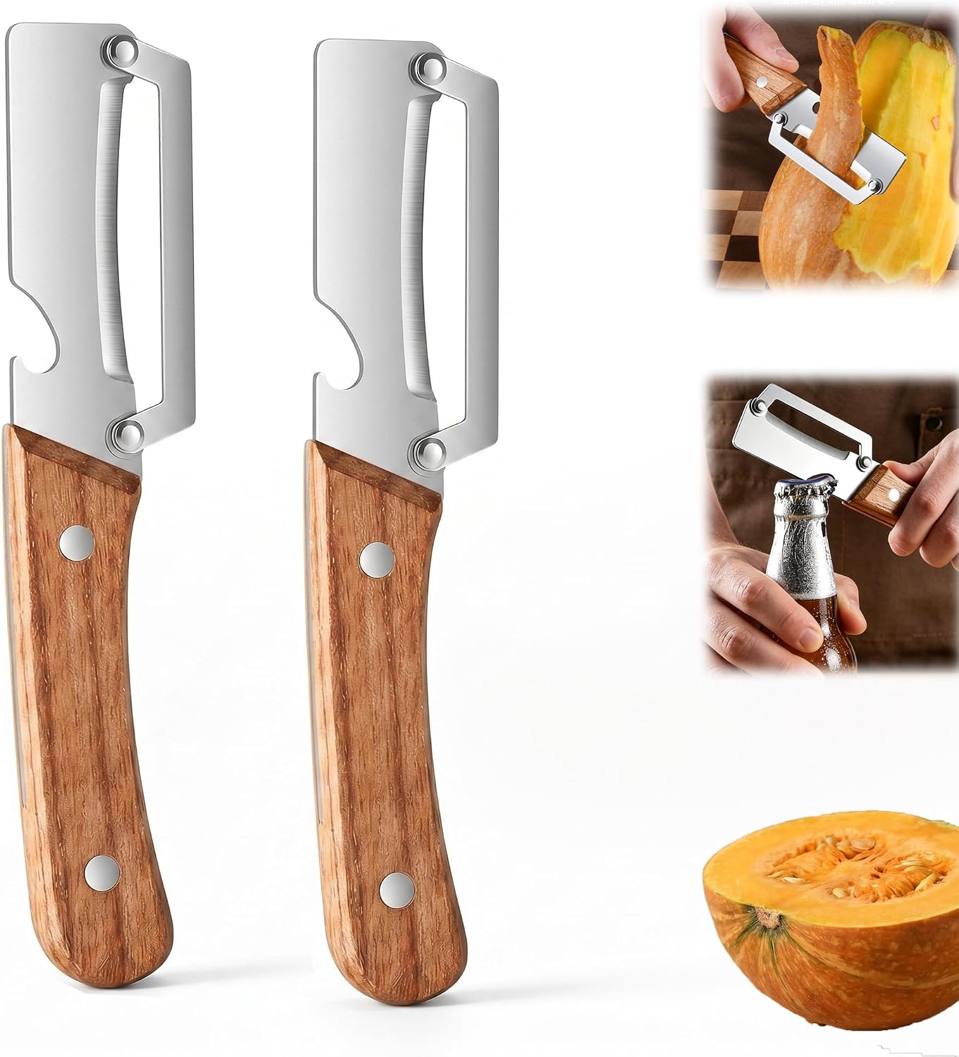 2 in 1 Multi Functional Vegetable Peeler with Bottle Opener,Wooden Handle Stainless Steel Fruit Peelers For Kitchen,Suitable For Sugar Cane Potato Fruit Pineapple Pumpkin, Effortless Peeling BST202