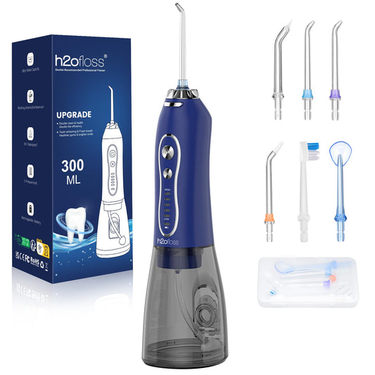 H2ofloss Water Dental Flosser Pick for Teeth: 5 Modes Cordless Portable 300ML Larger Tank Water Teeth Cleaner IPX7 Waterproof Flossing Cleaning Picks for Home Travel Dark Blue