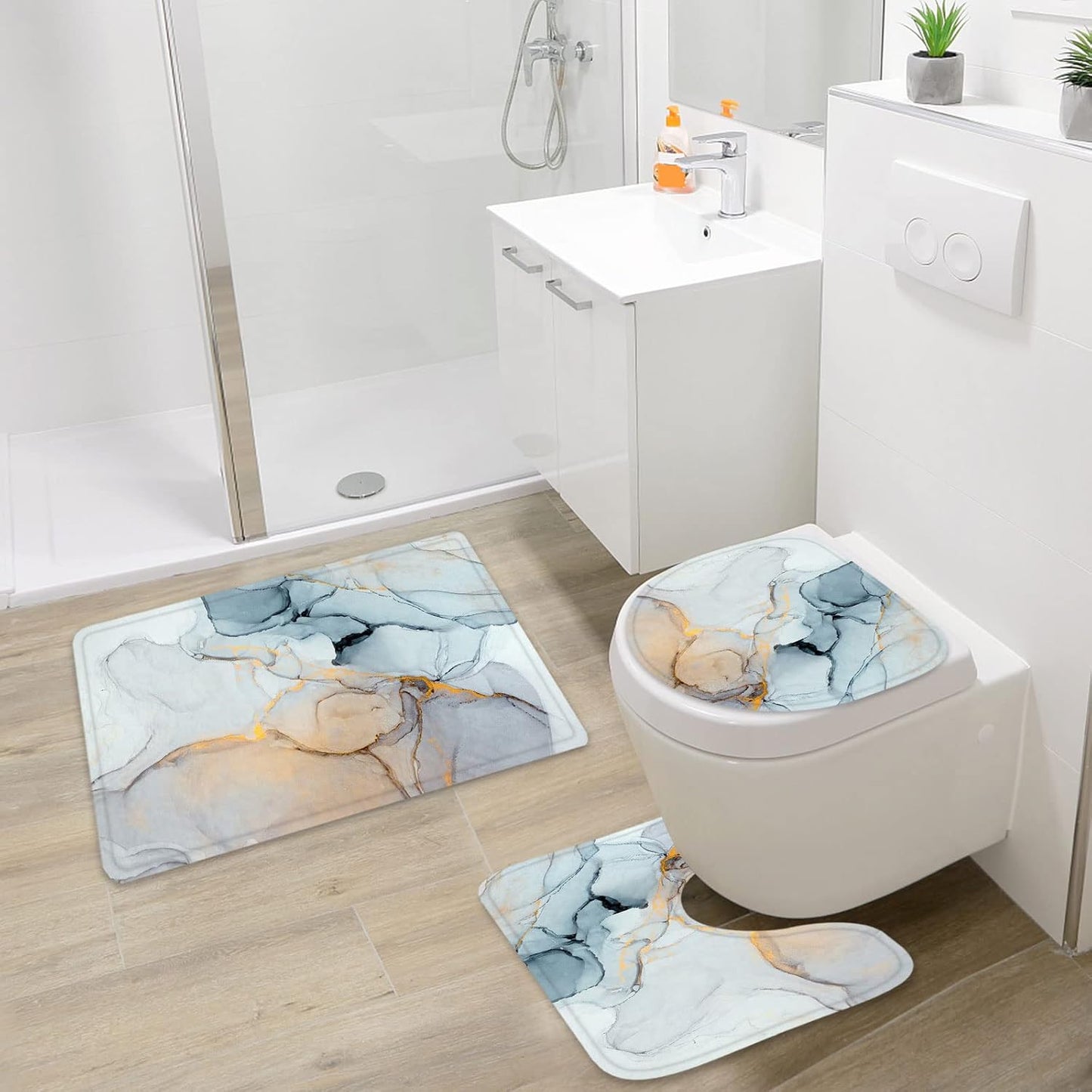 Gibelle 4 Pcs Bathroom Shower Curtain Set with Non-Slip Rugs, Toilet Lid Cover and Bath Mat, Grey Blue Marble Bathroom Decor Set with Shower Curtain and Rugs and Accessories BST326H