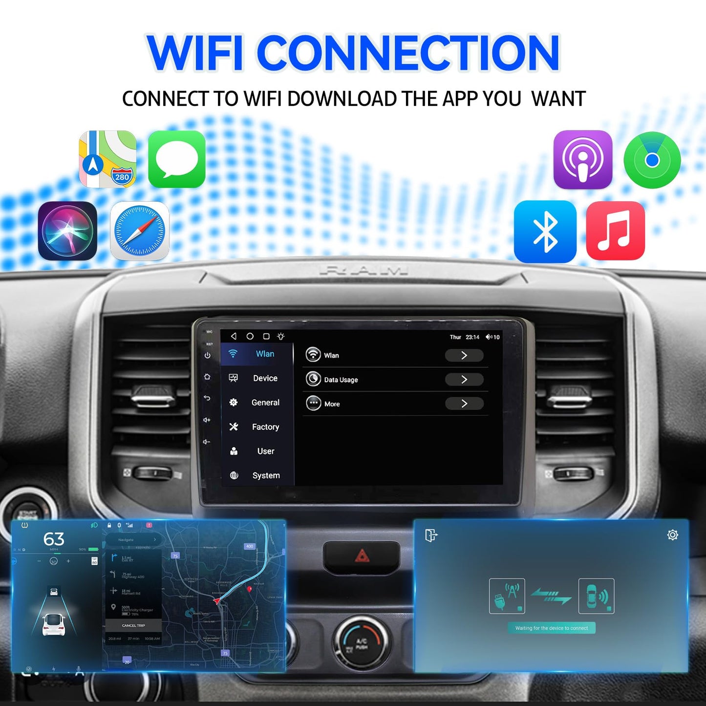 4+64G Car Radio for Dodge Ram 9 inch Touch Screen 2019 2020 2021 2022 2023 2024 Stereo,Wireless Carplay/WiFi/Bluetooth/EQ Audio/Andriod Auto/AM/FM/Navigation/AHD Camera