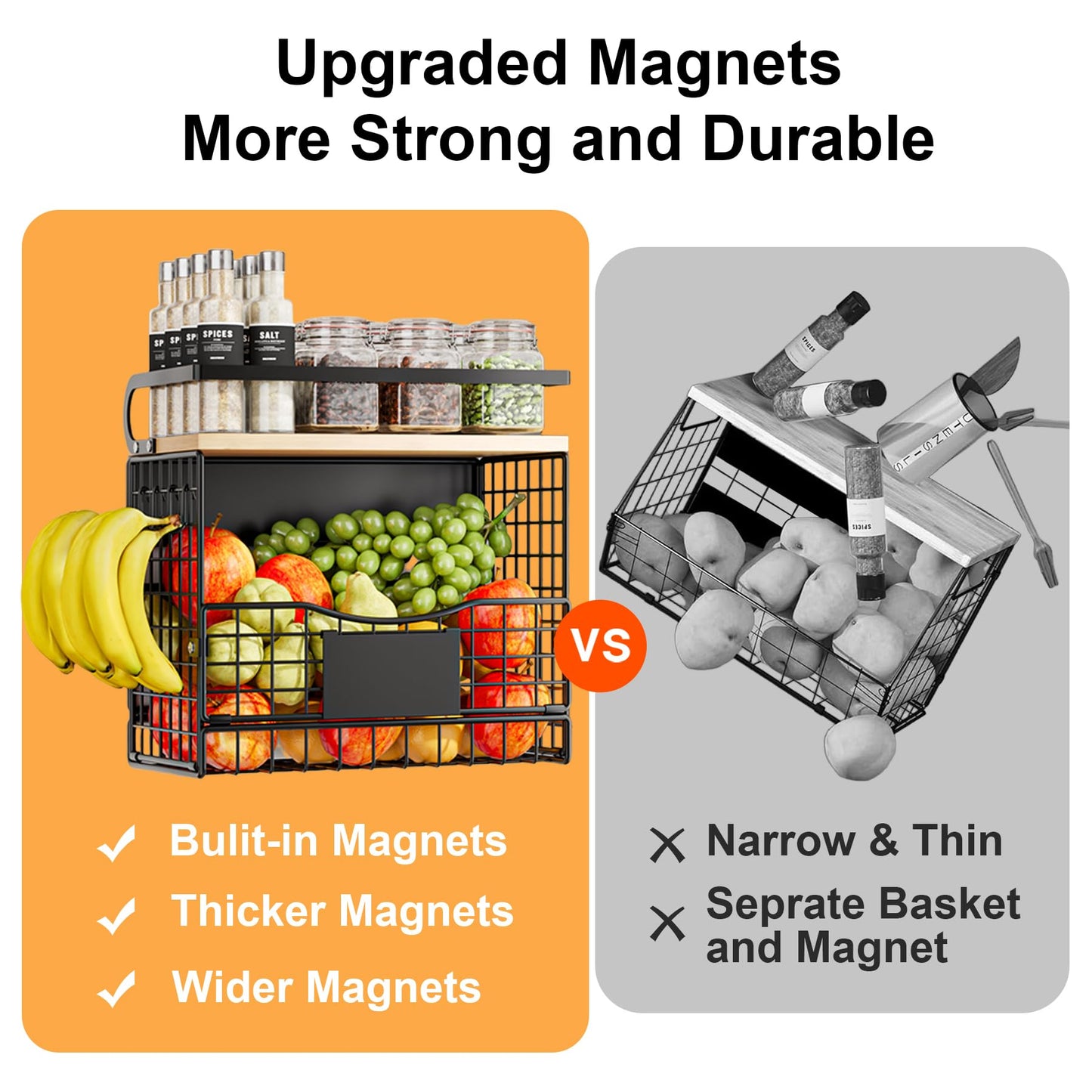 Magnetic Shelf for Fridge,Hanging Wall Basket for Potato Onion Fruit and Vegetable Storage Bins,Large Produce Container Magnetic Spice Rack for Refrigerator Kitchen Counter Pantry,Black BST220