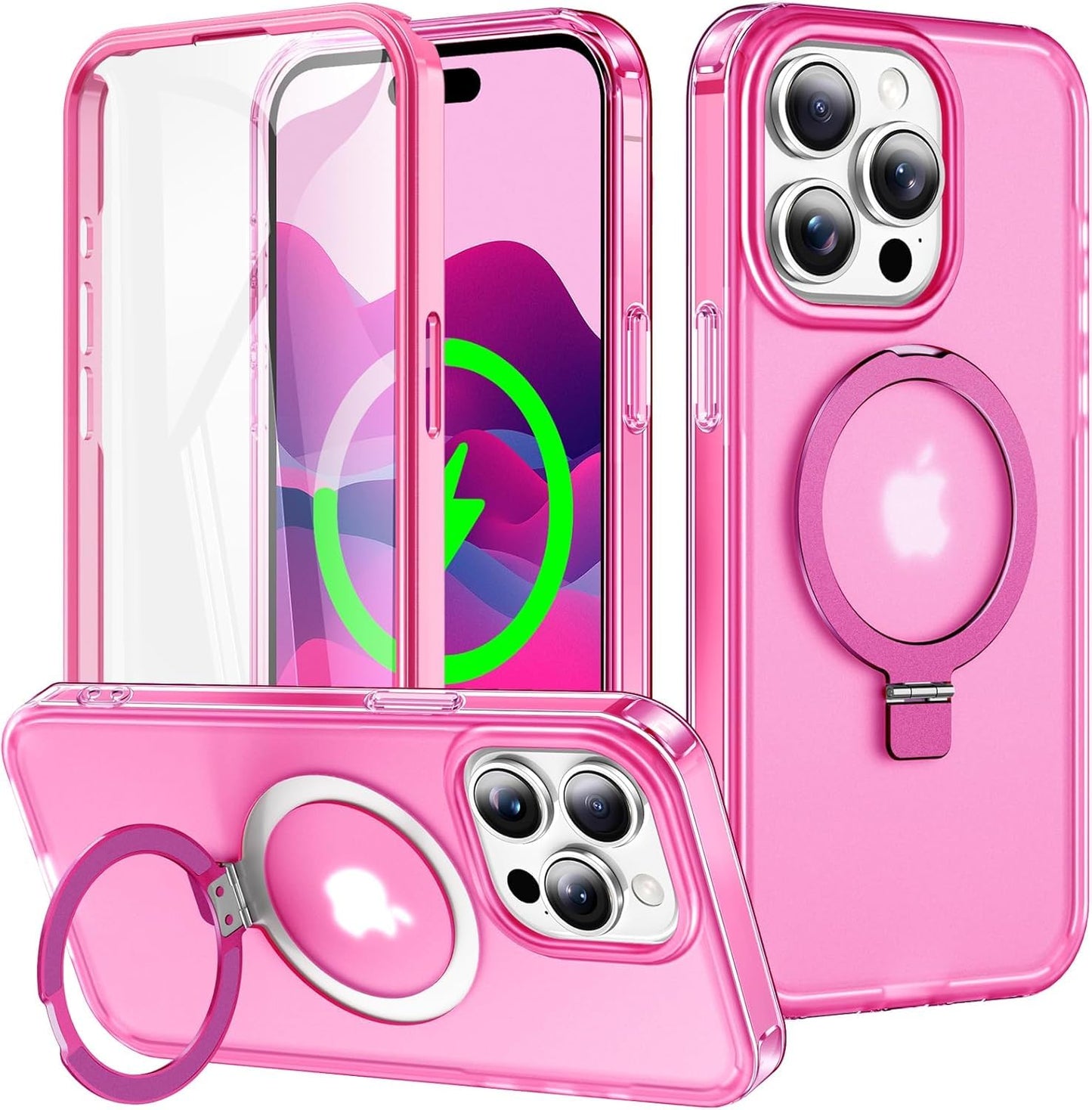 for iPhone 13 Pro Full Body Shockproof Case with Magnetic Invisible Stand [Compatible with MagSafe] Built-in Screen Protector Military Drop ProtectionTranslucent Phone Cover -Hot Pink WN420