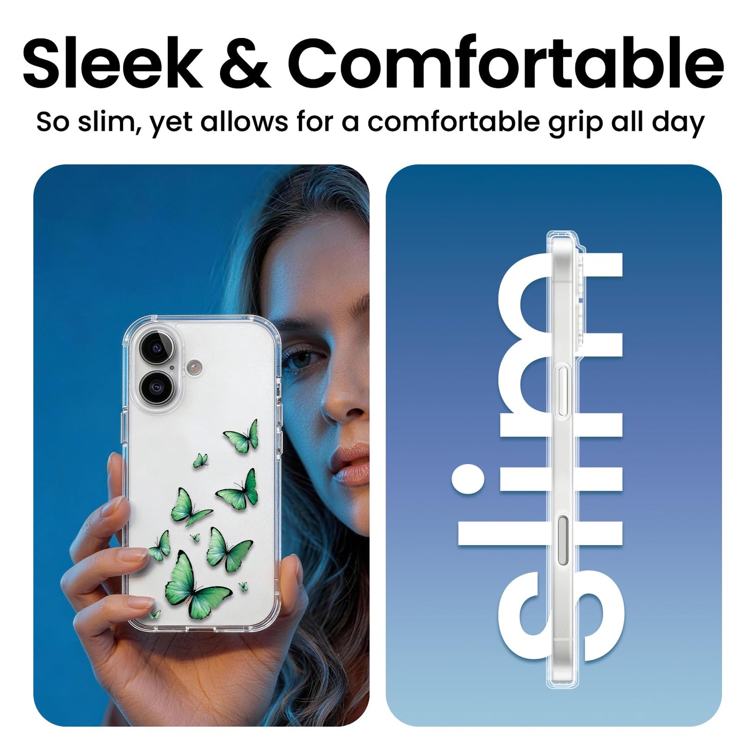 Cute Girly Crystal Clear Case Compatible with iPhone 16 Pro, Camera Control & Shockproof Protection Floral Case for Women, Blue Butterflies WN420