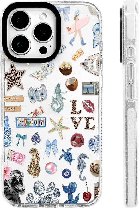 for iPhone 16 Pro Case [Military-Grade Drop Protection/Stylish Soft TPU Protective/Camera Protection/for Women & Girls] - Beach Party Collage Pattern with Mermaid WN420