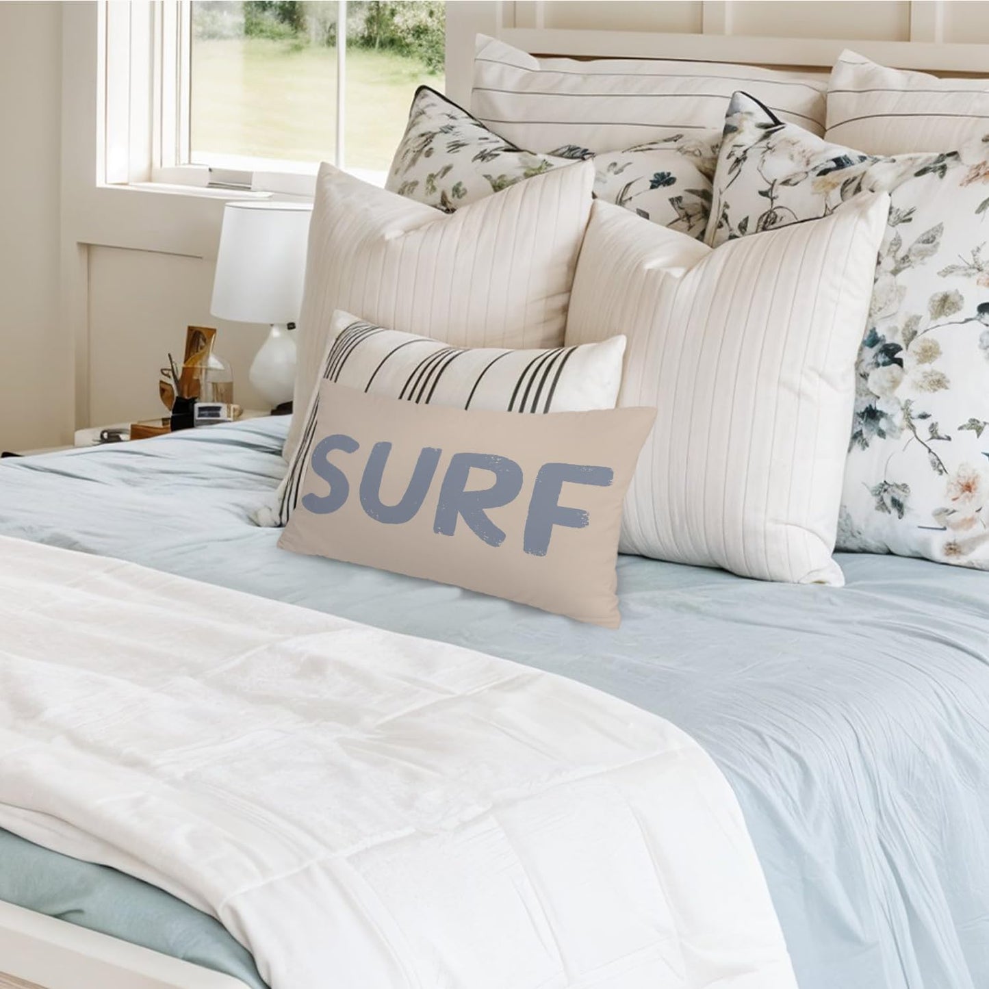 Coastal Beach Girly Room Decor 12x20 Pillow Cover, Preppy Beach Navy Blue Bikini Striped Decorative Lumbar Pillow Covers for Girls Bedroom College Dorm Sofa Couch BST326L