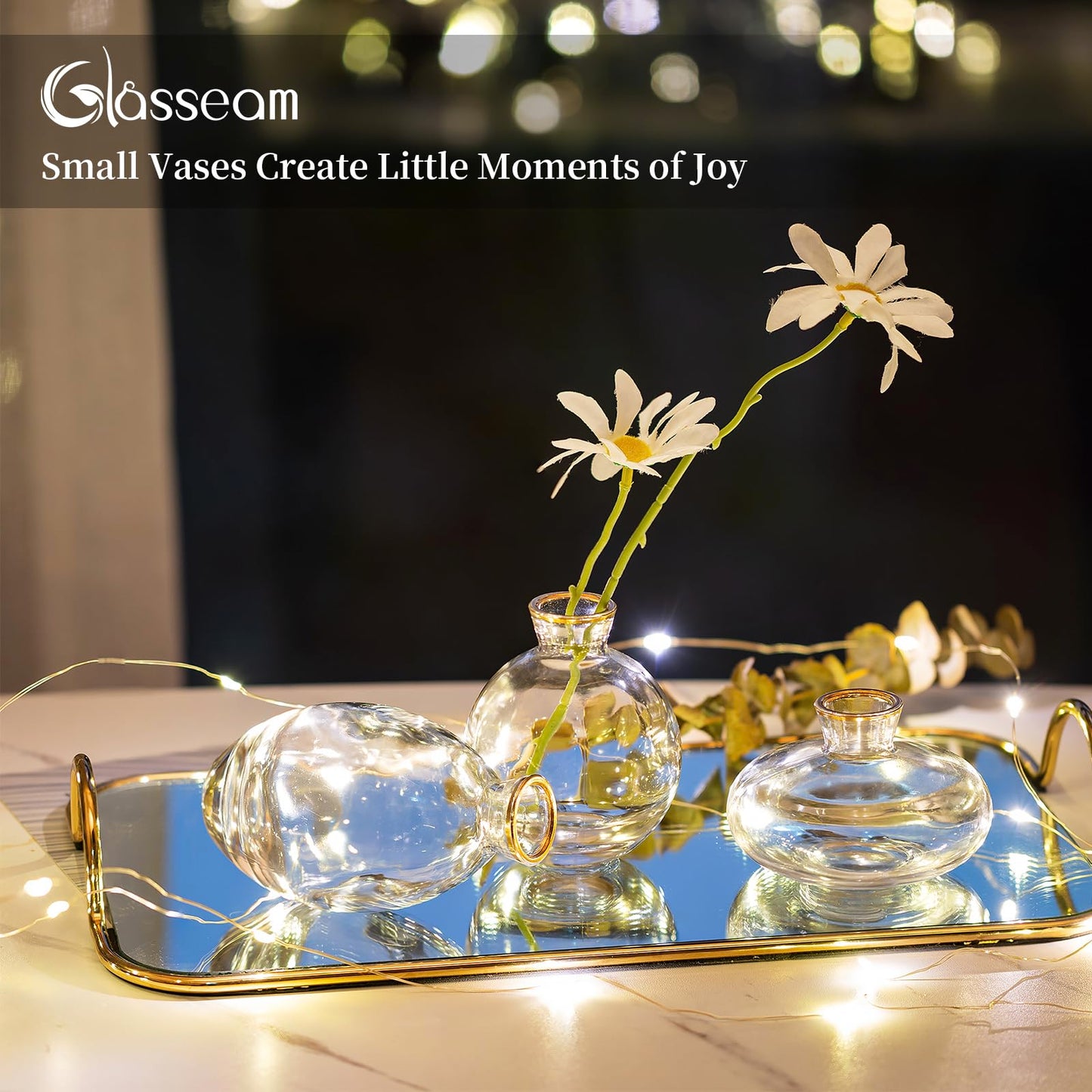 Glasseam Clear Glass Bud Vase, 3Pcs/Set Modern Decorative Small Mini Flowers Vases Short Minimalist Aesthetic Home Decor Vintage Cute Handmade Tiny Wedding Table Centerpieces for Single Flower Rose BST326H