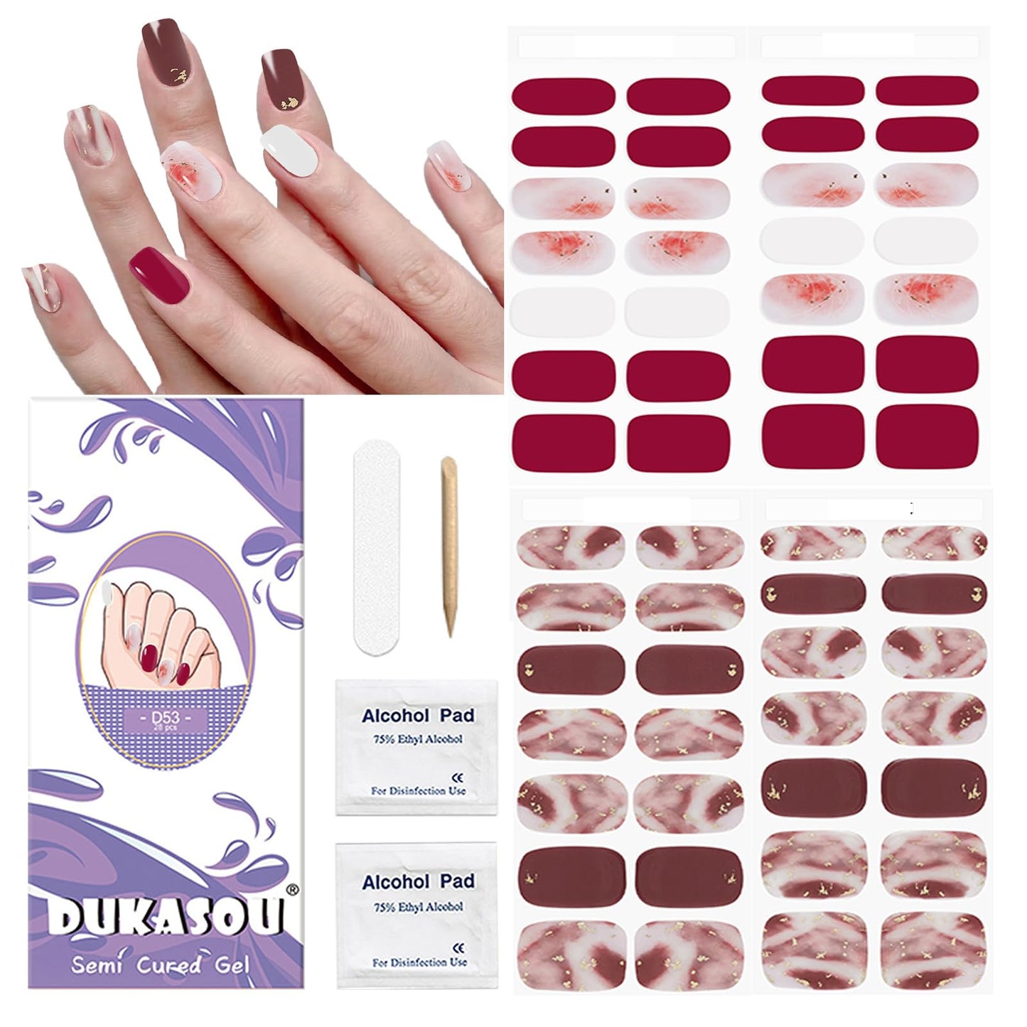 Semi Cured Gel Nail Strips, 56Pcs Nail Art Stickers/Wraps, Long Lasting UV Nail Polish Strips for Adults (Silver Rhinestones+French Tip Glitter) BST220