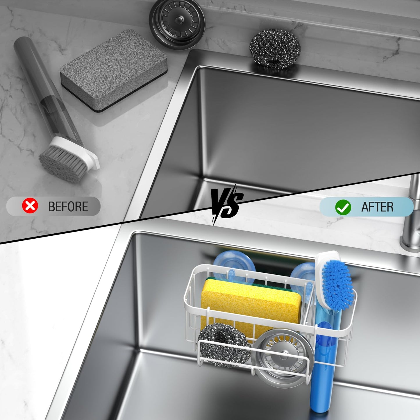 3-in-1 Kitchen Sink Caddy Organizer with Sponge Holder, Brush Holder, Extra Rack for Scrubber, Sink Stopper, Dish Cloth Hanger - Strong Dual Suction Cup, 2.0mm SUS304 Stainless Steel - Grey WN420