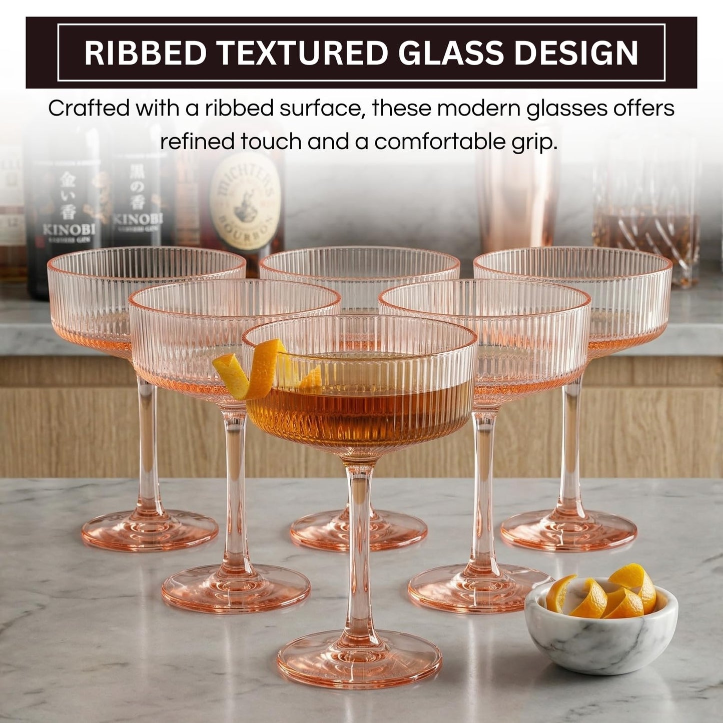 Khen Pink Peach Acrylic Ribbed Coupe Martini Champagne Cocktail Glasses, Set of 4, 8 oz Shatterproof Ripple Stemware European Style Reusable Drinkware Goblets, Indoor Outdoor Parties Weddings Bar Gift BST220