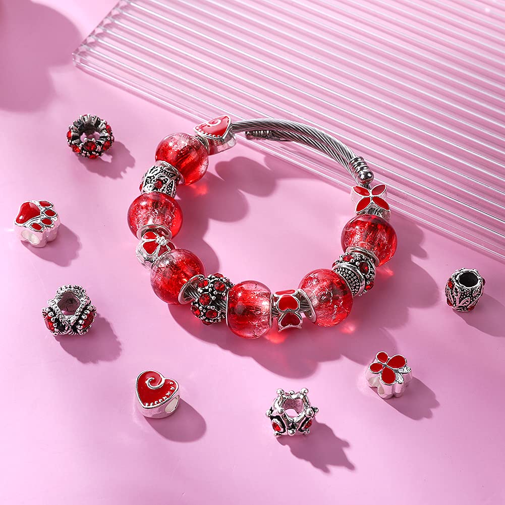 60 Pieces Assorted European Beads with Plating Silver Metal Alloy Rhinestone Large Hole Spacer Beads for DIY Charm Bracelet Jewelry Making (Blue) BST220