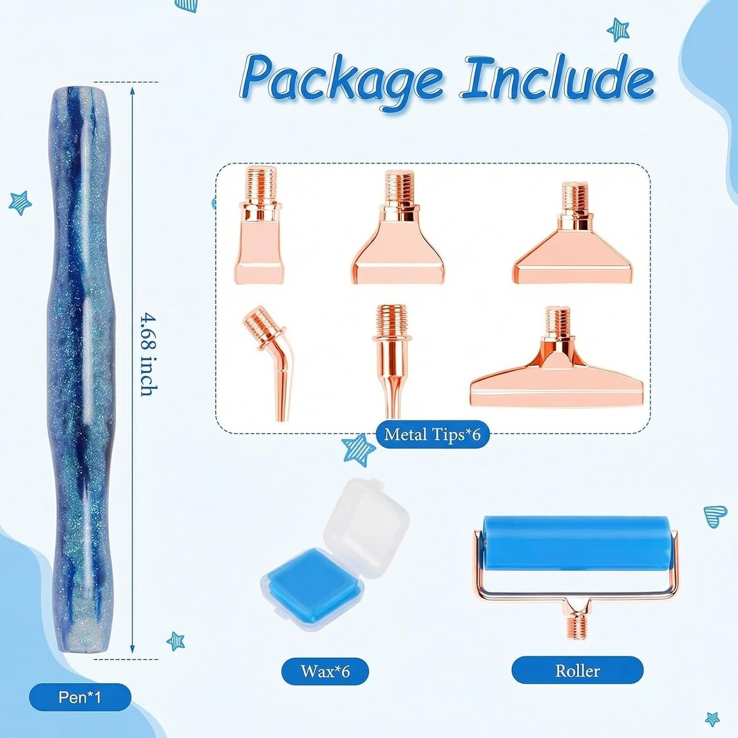 Ninonly Diamond Art Pen, Diamond Painting Pen with 6 Metal Tips, 6 Painting Glue Clay, Roller, 5D Diamond Art Accessories and Tools for DIY Craft, Blue BST326L
