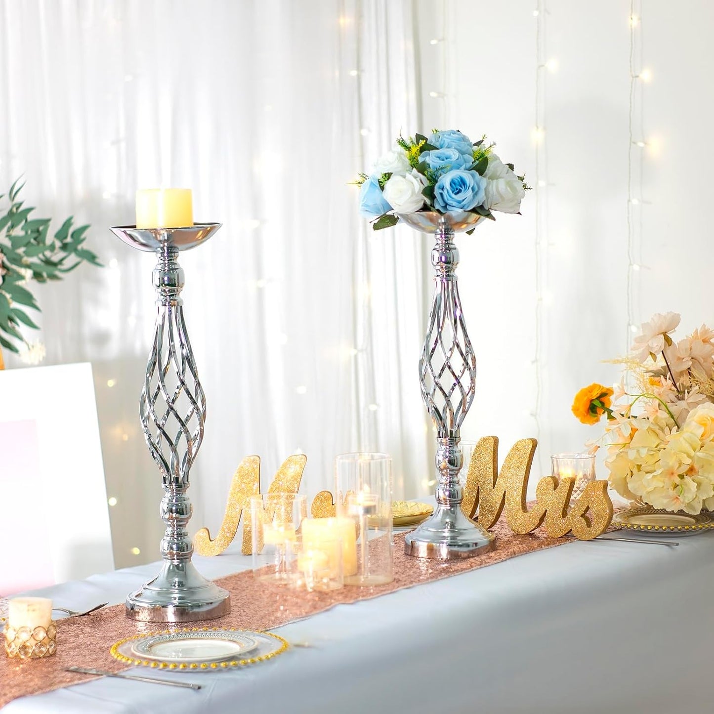 2pcs Metal Silver Candle Holders Road Lead Table Centerpiece Stand Pillar Candlestick for Wedding Candelabra Flowers Vases WN420