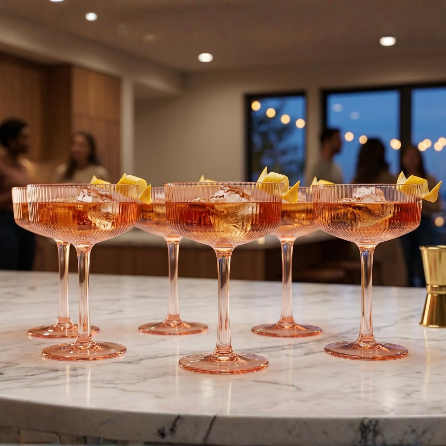 Khen Pink Peach Acrylic Ribbed Coupe Martini Champagne Cocktail Glasses, Set of 4, 8 oz Shatterproof Ripple Stemware European Style Reusable Drinkware Goblets, Indoor Outdoor Parties Weddings Bar Gift BST220