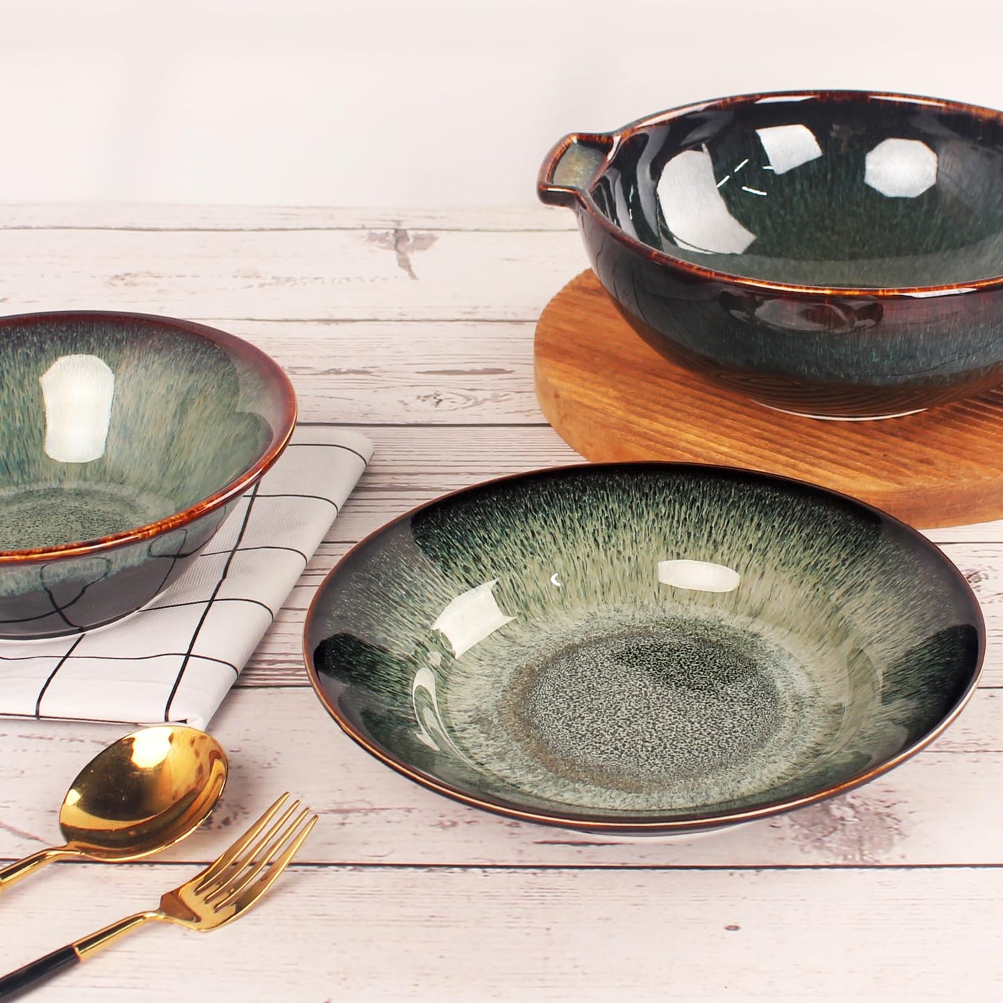 Ceramic Rimmed Soup Plate, Soup Bowl 6.4 oz, Pasta Bowl Set of 4, Shallow Bowl Plate with Rim, Best choice for high-end restaurants, hotels, and foodies, Teal reactive glaze, 9.3 Inch BST202
