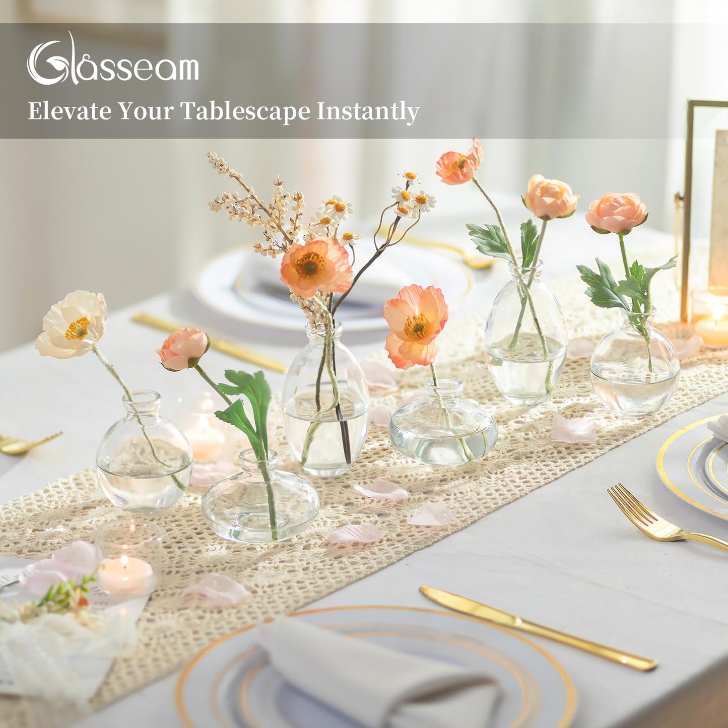 Glasseam Clear Glass Bud Vase, 3Pcs/Set Modern Decorative Small Mini Flowers Vases Short Minimalist Aesthetic Home Decor Vintage Cute Handmade Tiny Wedding Table Centerpieces for Single Flower Rose BST326H