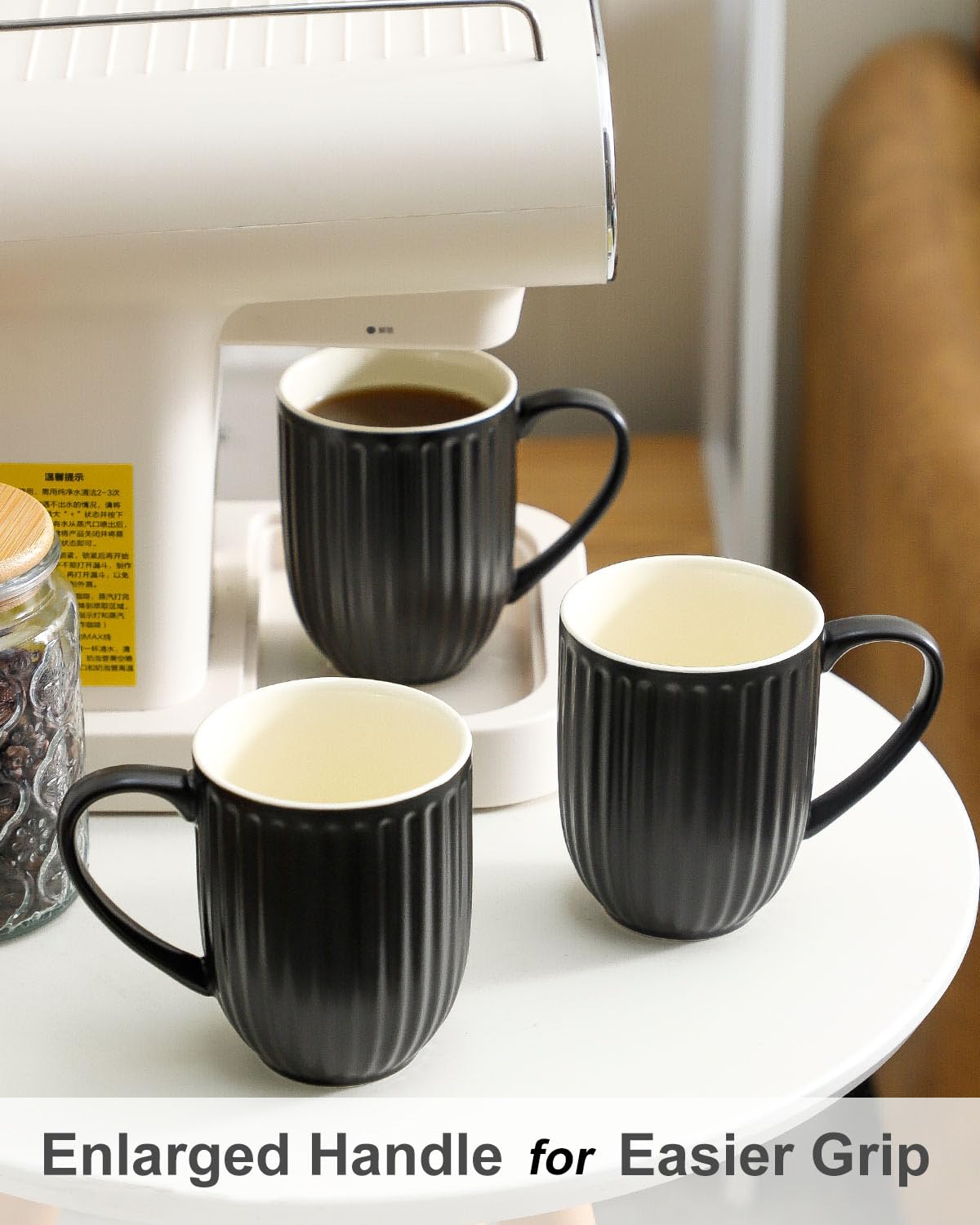 HASENSE Textured Large Coffee Mugs Set of 4, 16 Oz Ribbed Ceramic Cups with Large Handle for Latte Tea Cappuccino, Stackable Embossed Mug Set for Mom Dad, Microwave Dishwasher Safe, Creamy White BST220