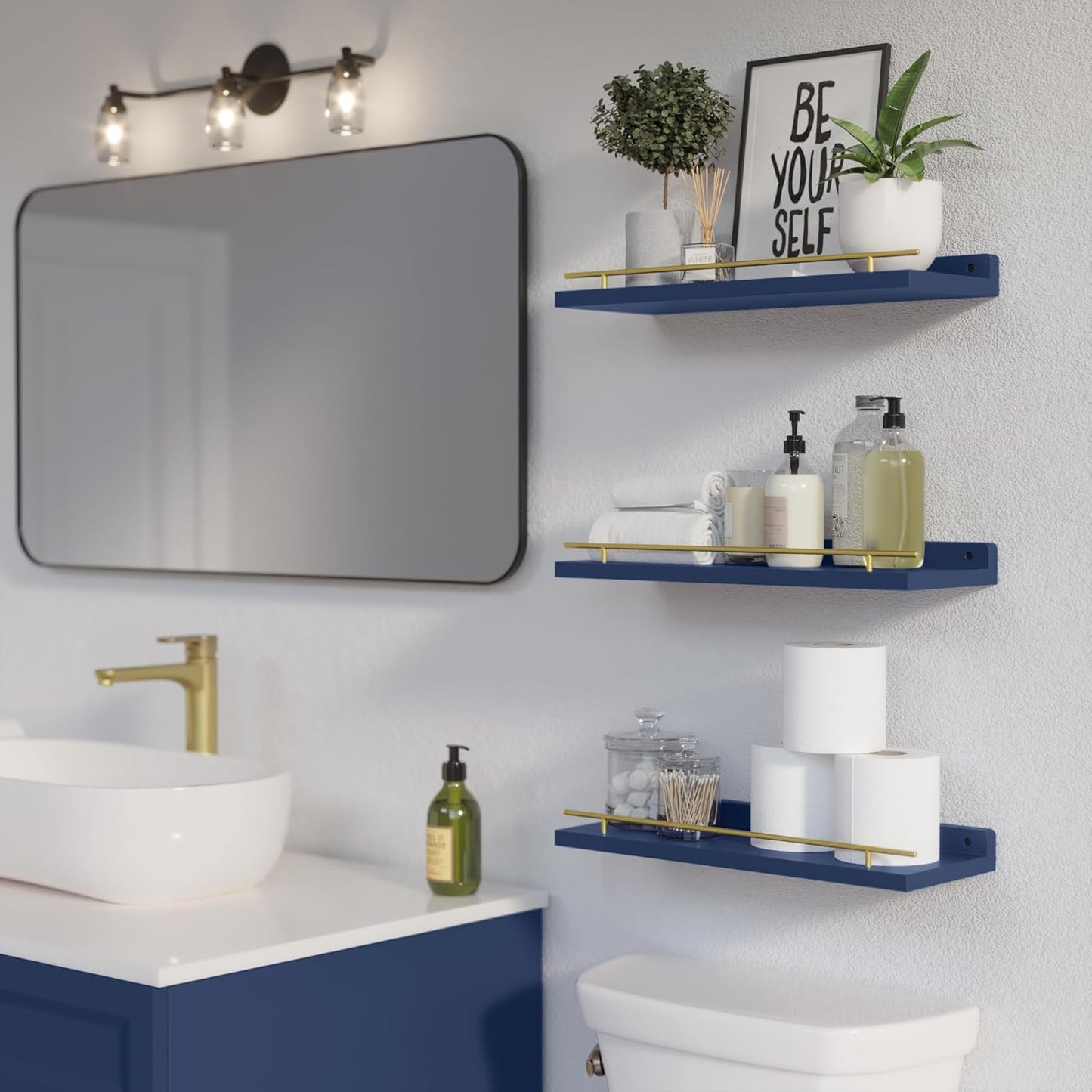 WOPITUES Floating Shelves with Gold Metal Guardrail, Shelves for Wall Decor Set of 3, Wall Shelves for Bedroom, Bathroom, Kitchen, Living Room, Plants, Picture Frames, Art- Gold in Navy Blue