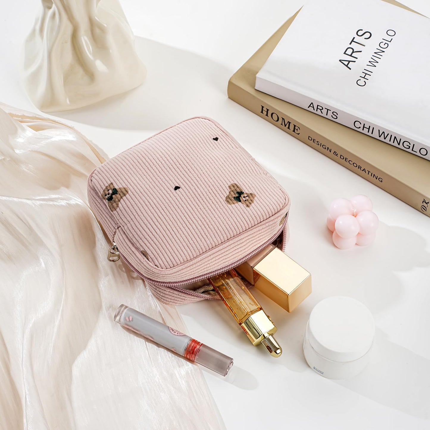 uekeboag Cute Small Corduroy Zipper Makeup Bag, Mini Coquette Aesthetic Pouch with Bear Pattern for for Purse,Key Pocket Lipstick Bag Card Holder Data Cable Organizer (12Hot Pink) BST220