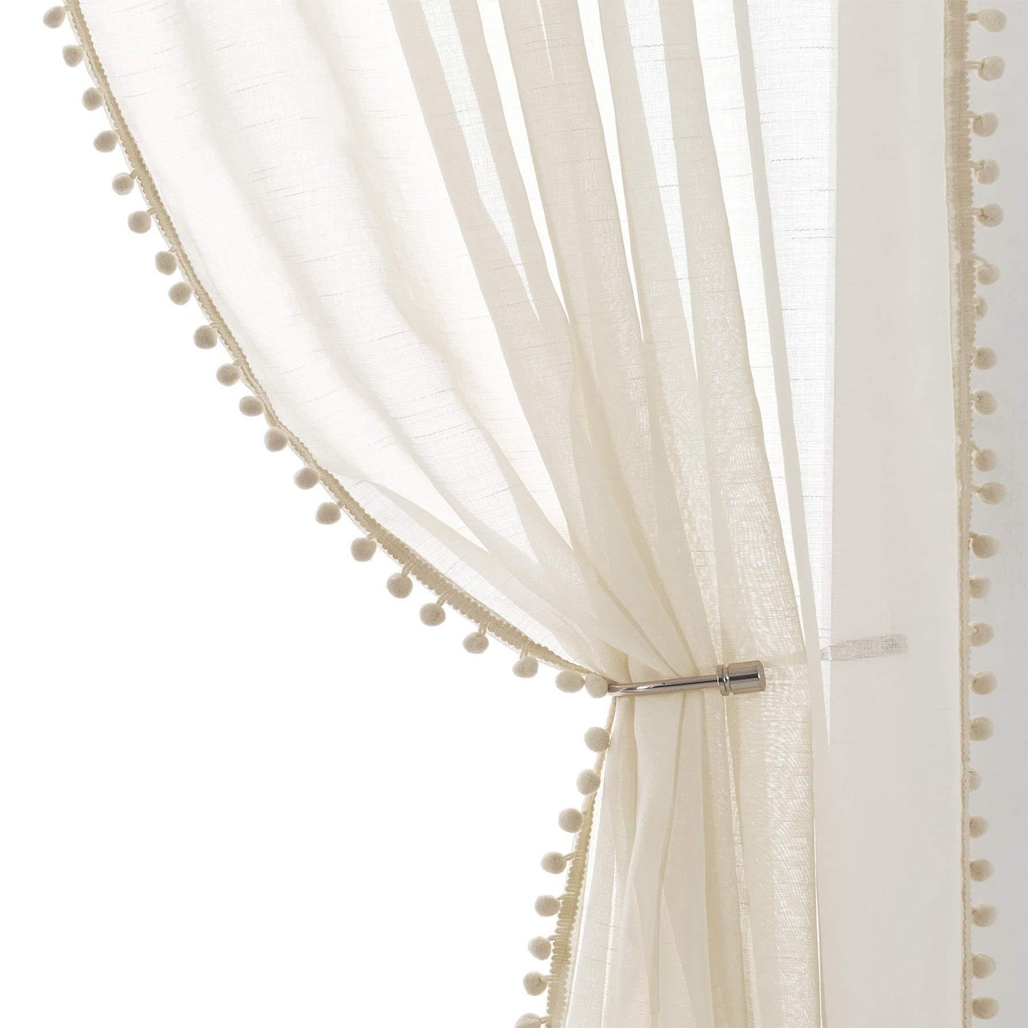 Treatmentex Pom-Pom Grey Sheer Curtains for Bedroom 63" Window Drapes Rod Pocket Textured Sheer Curtain for Kids Room 52" w 2 Panels BST202