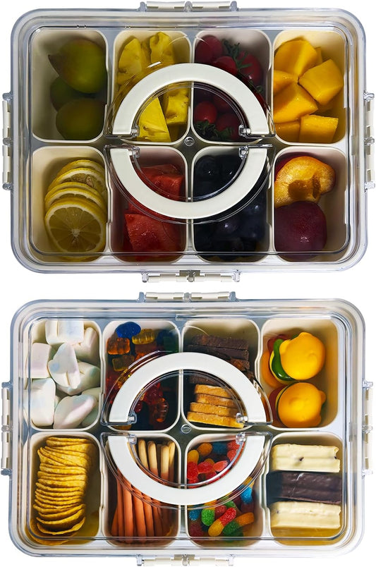 VOUKEN 2PCS Plastic Divided Serving Tray with Lid Snackle Box Charcuterie Container Portable Snack Platters Organizer for Candy, Fruits, Snacks, Nuts, for Party, Entertaining, Picnic (8 Compartment) BST326H