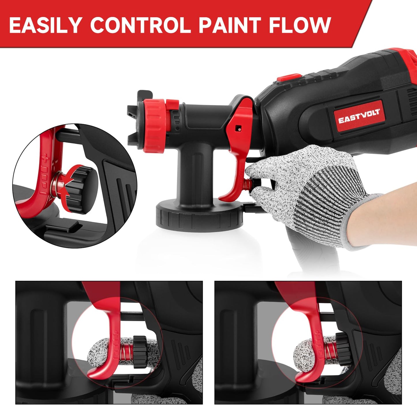 Eastvolt High Power HVLP Home Electric Spray Gun,600 Watt Paint Sprayer,4Nozzles,3 Spray Patterns with 1000ml Container,Viscosity Measuring Cup and Cleaning Set,EVSG01