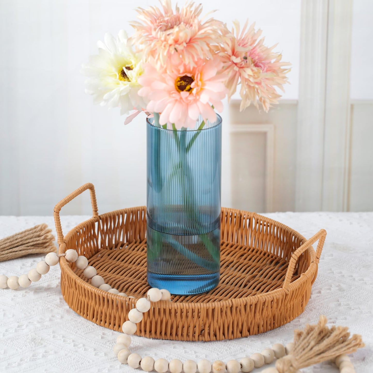 Glass Ribbed Cylinder Vases, 8 Inch Tall, Clear, Pack of 3 | Flower Vases in Bulk, Hurricane Floating Candle Vases, For Party Home Decor BST326H