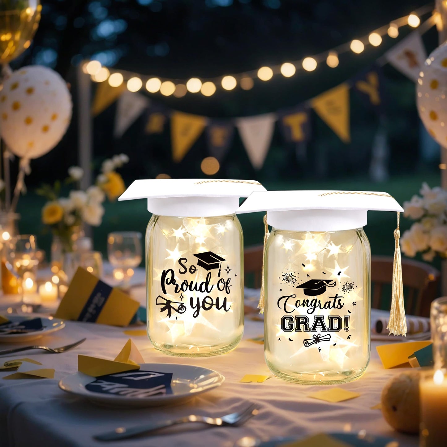 3 Sets 2026 Graduation Centerpieces for Tables, Glowing Mason Jar Centerpieces with Graduation Caps, Glowing Money Jars for College High School Congrats Grad Party Decor Supplies WN420