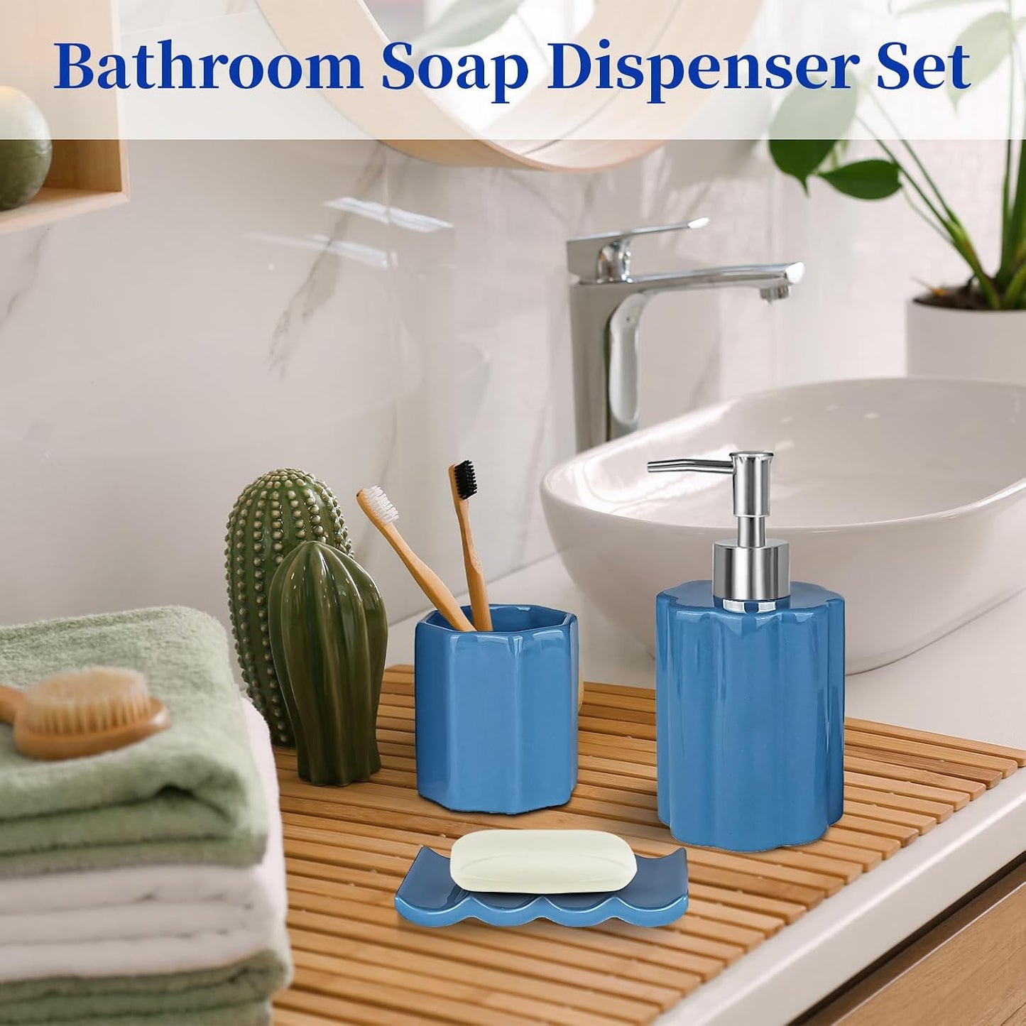 Ceramic Bathroom Accessories Set, Amaauto 3-Piece - Blue Soap Dispenser, Toothbrush Holder & Soap Dish | Modern Bathroom Decor for Countertop Organization BST202