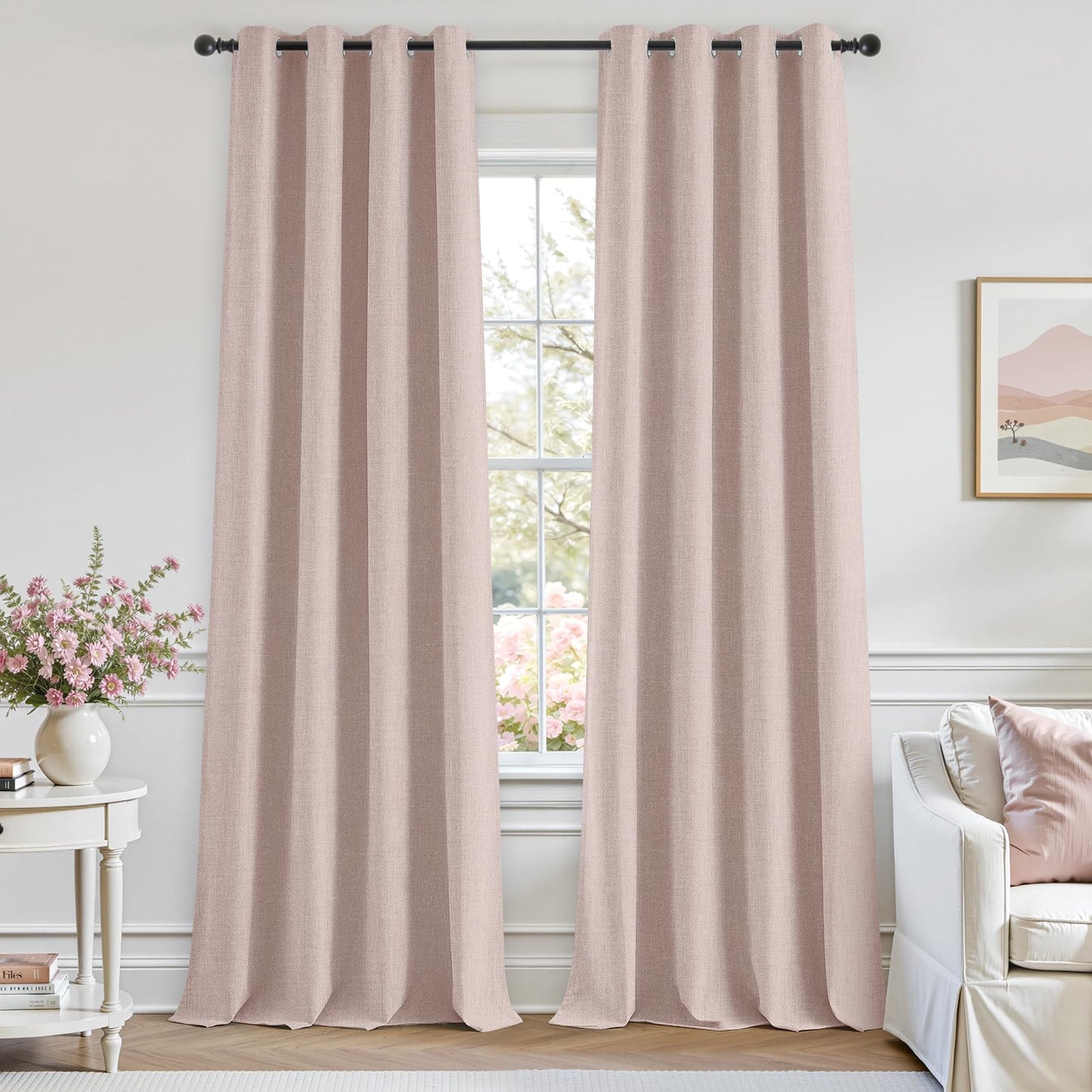 HOMEIDEAS 100% Ivory Cream Linen Blackout Curtains for Bedroom, 52 x 96 Inch Length 2 Panels Faux Linen Thermal Insulated Black Out Grommet Window Drapes for Living Room BST202