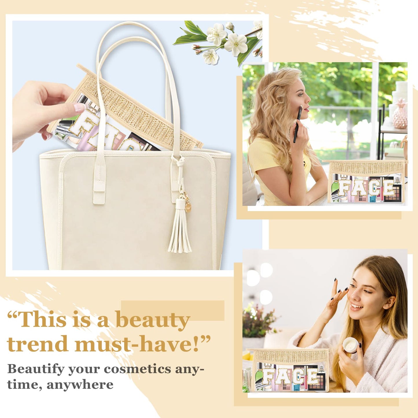 Boho Clear Makeup Bag Cosmetic Zipper Pouch Purse, Clear Toiletry Bags Travel Small Preppy Cute DIY Chenille Letter Bag, Transparent PVC Waterproof Clutch Make Up Organizer Storage Bag for Women Girls BST220