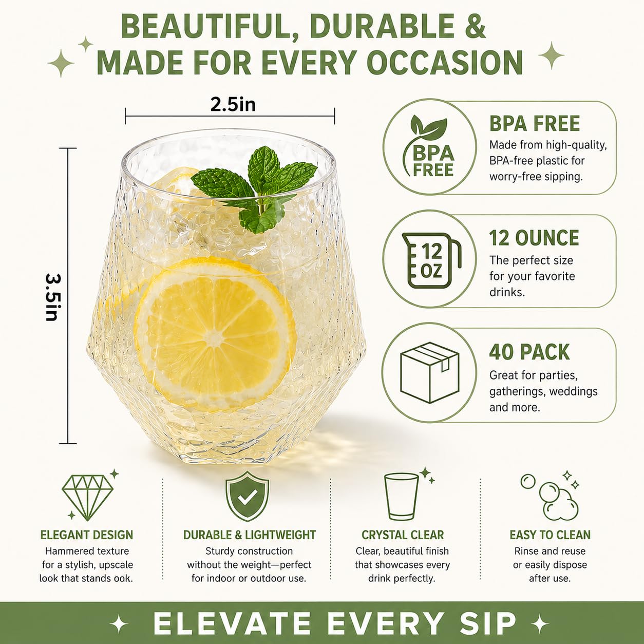 Oojami 40 Pack Diamond Disposable Plastic Wine Glasses 12oz for Parties | Stemless Wine Cups, Champagne Cocktail Whiskey - Shatterproof Unbreakable Reusable Recyclable BPA-Free, Weddings Birthday BST220
